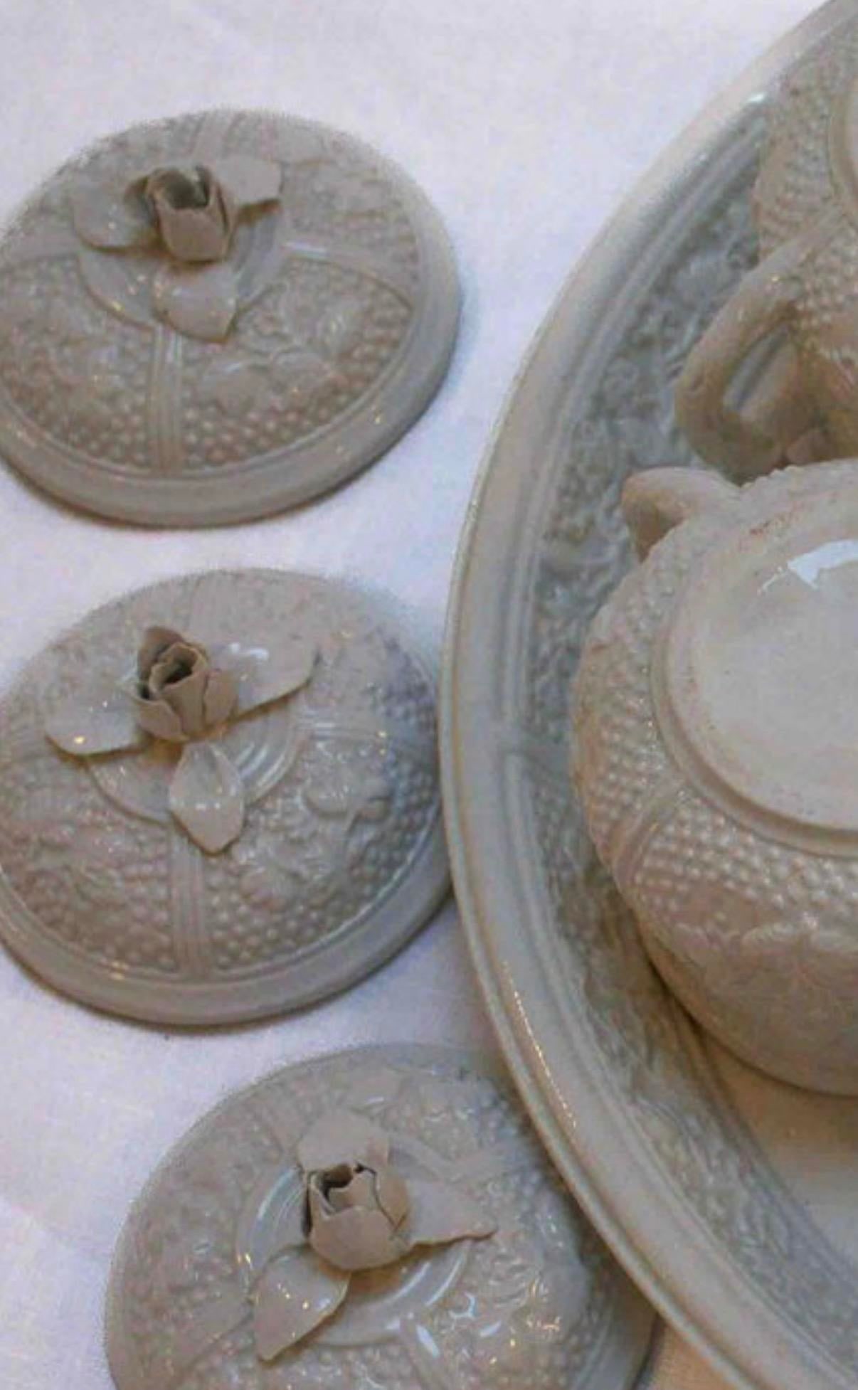 Vintage Italian Pot De Creme Set With Rosebud Lids & Serving Tray - 4