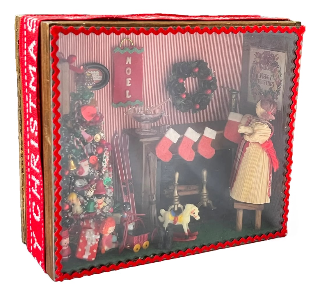 Vintage Handmade Christmas Diorama Shadow Box With Miniature Holiday Stocking by the Fire Scene. (1 of 13)