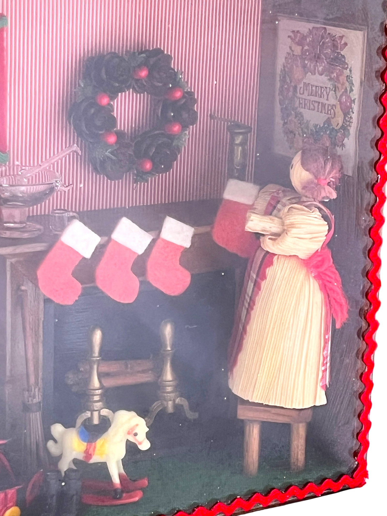 Vintage Handmade Christmas Diorama Shadow Box With Miniature Holiday Stocking by the Fire Scene. - 5