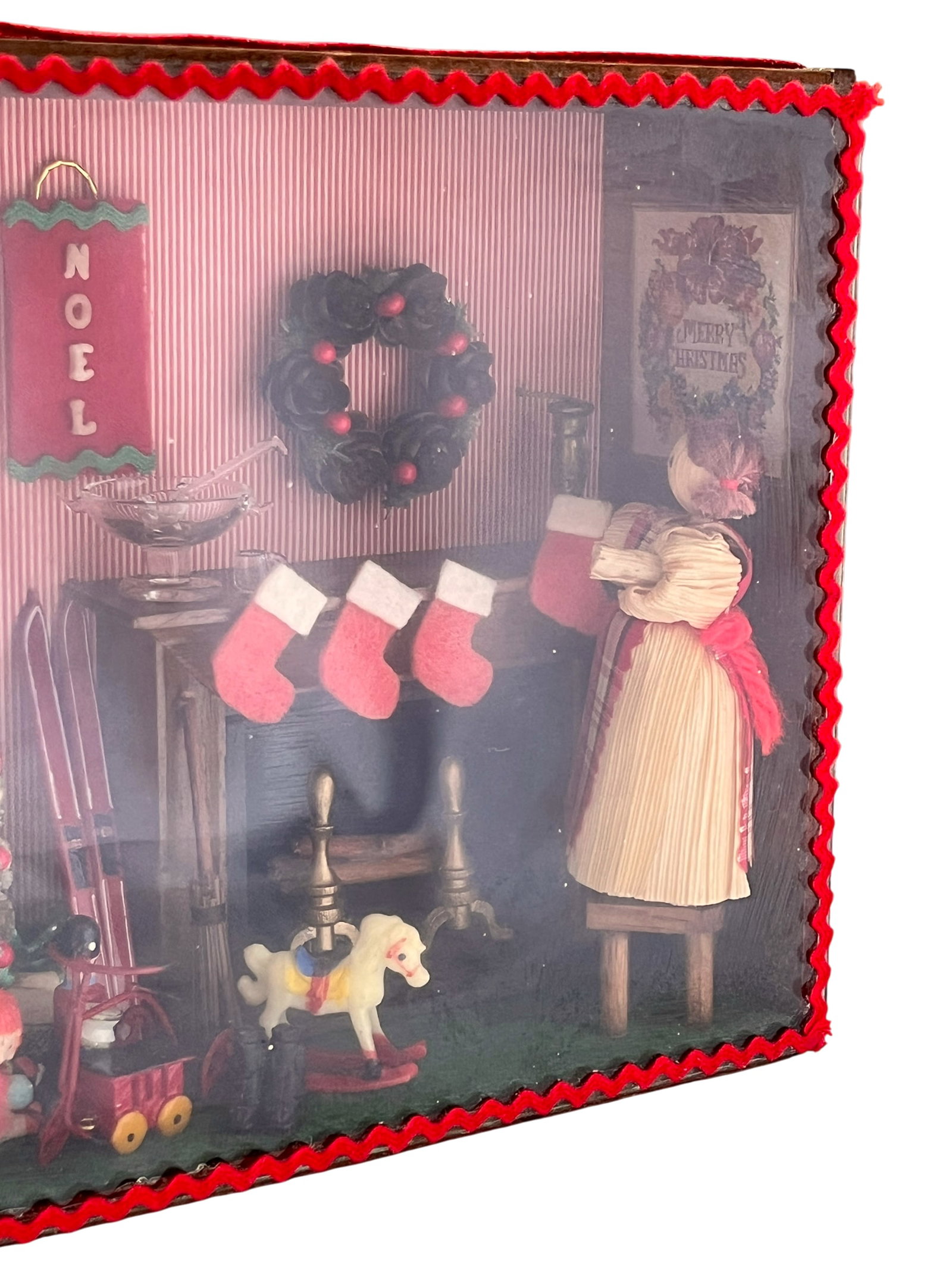 Vintage Handmade Christmas Diorama Shadow Box With Miniature Holiday Stocking by the Fire Scene. - 7