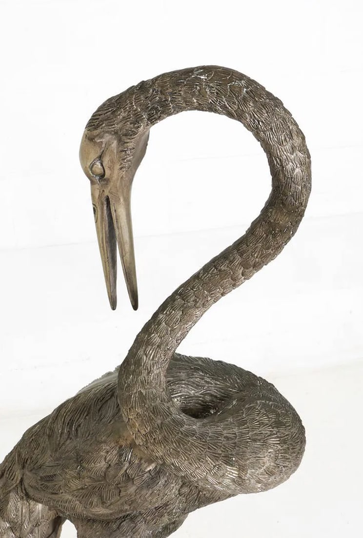 Monumental Pair of Silvered Crane Sculptures on Wooden Plinth Bases | 20th Century - 10