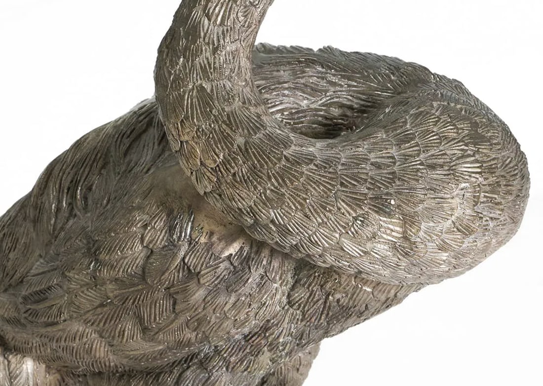 Monumental Pair of Silvered Crane Sculptures on Wooden Plinth Bases | 20th Century - 11