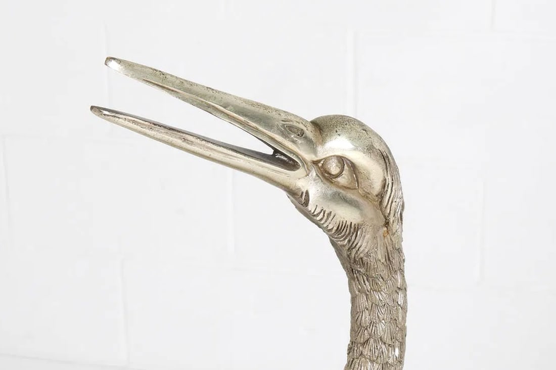 Monumental Pair of Silvered Crane Sculptures on Wooden Plinth Bases | 20th Century - 2