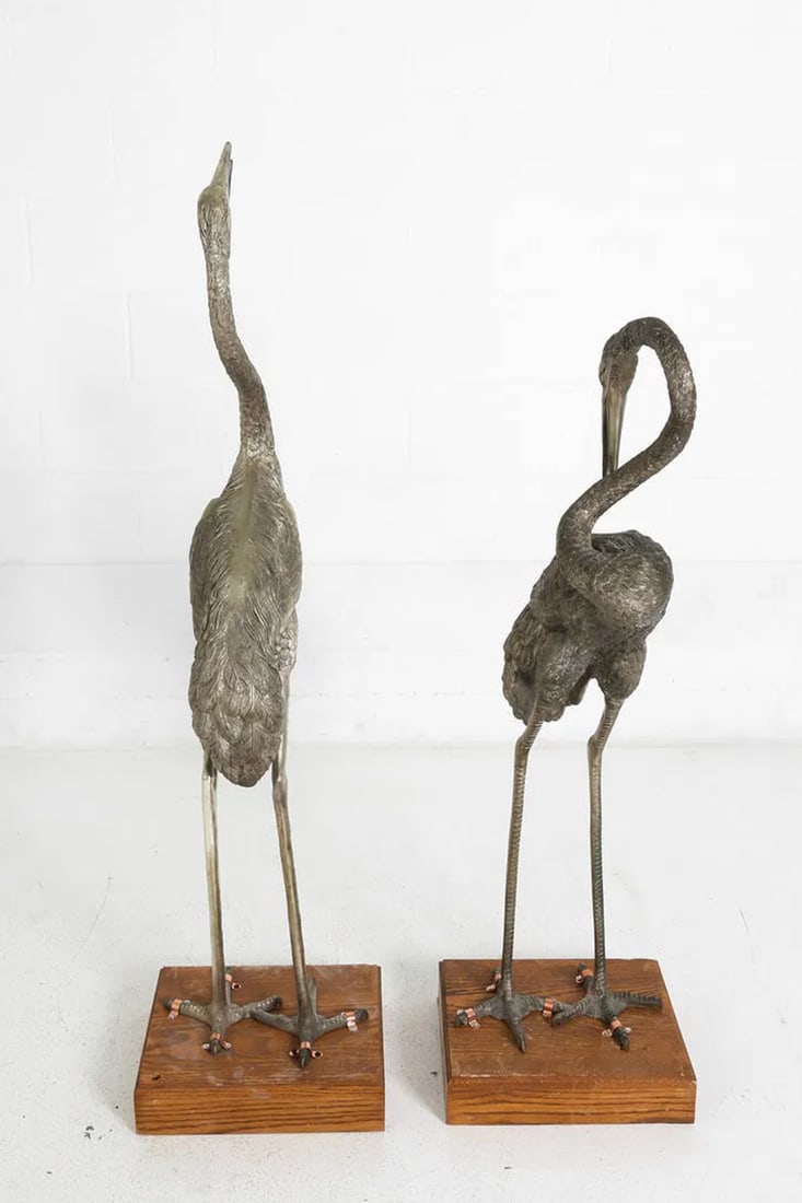 Monumental Pair of Silvered Crane Sculptures on Wooden Plinth Bases | 20th Century - 3