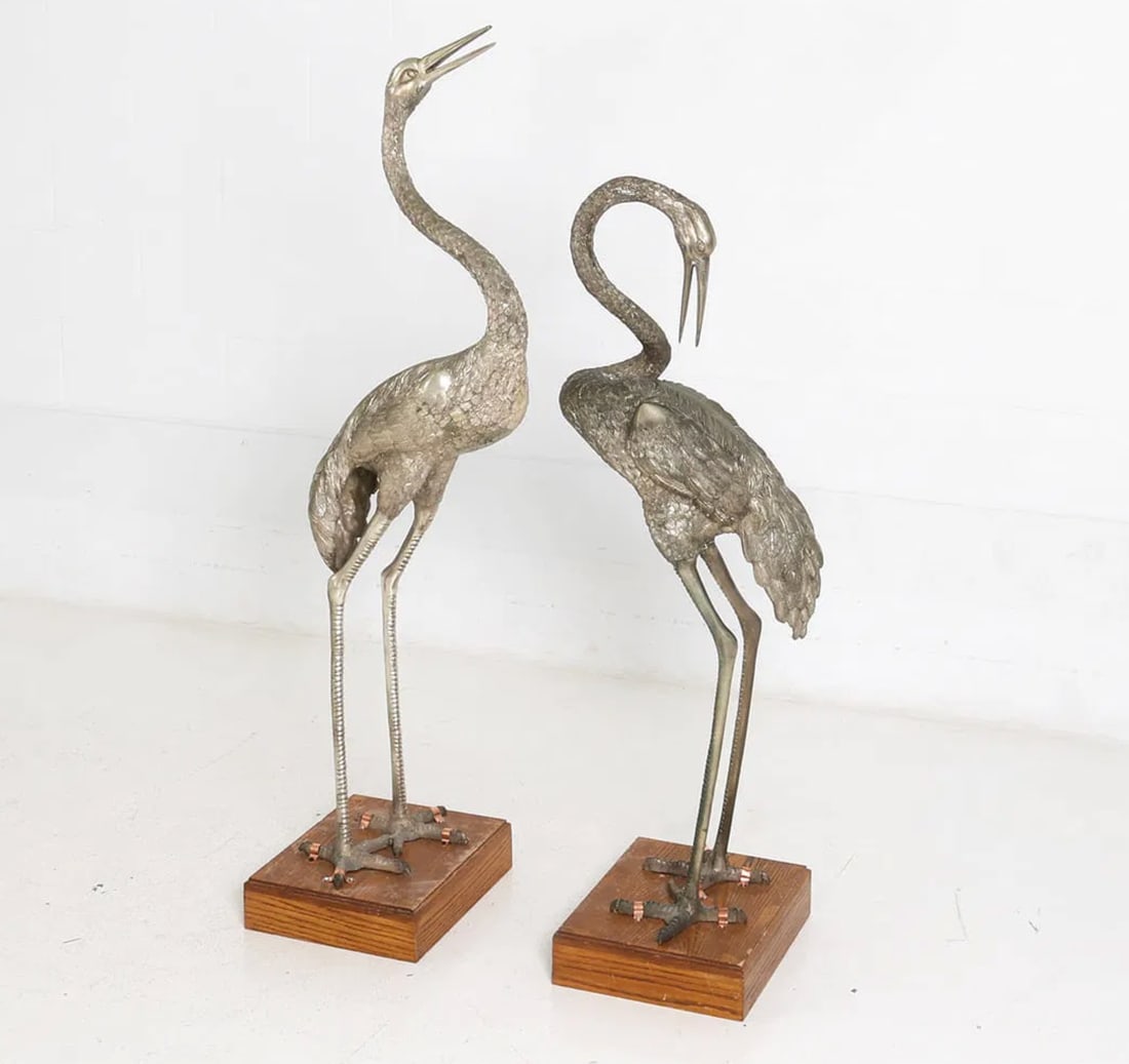 Monumental Pair of Silvered Crane Sculptures on Wooden Plinth Bases | 20th Century - 4