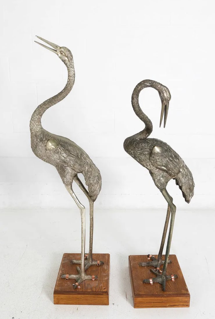 Monumental Pair of Silvered Crane Sculptures on Wooden Plinth Bases | 20th Century - 5