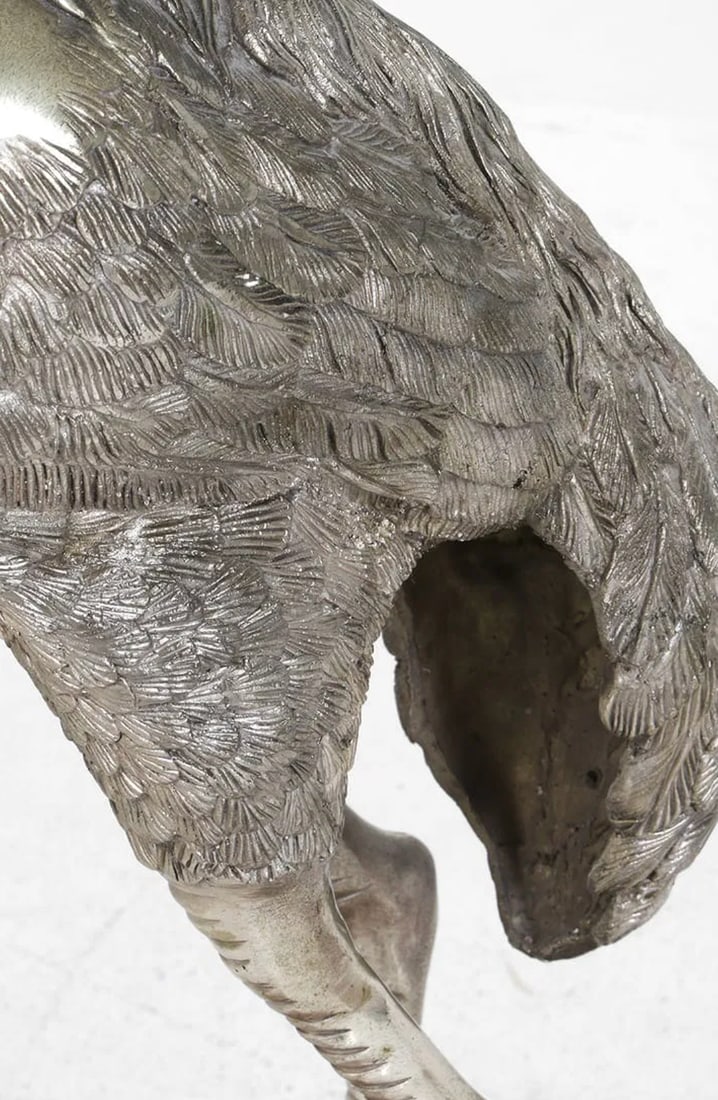 Monumental Pair of Silvered Crane Sculptures on Wooden Plinth Bases | 20th Century - 6