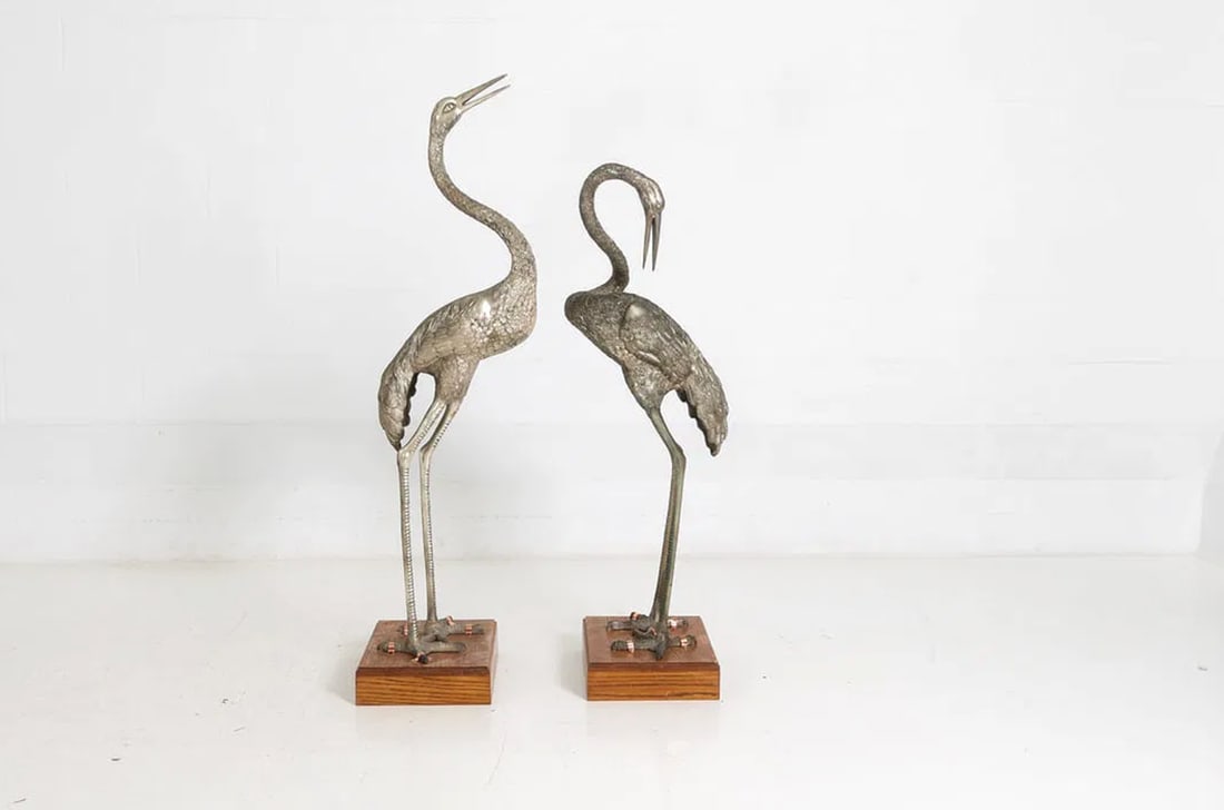 Monumental Pair of Silvered Crane Sculptures on Wooden Plinth Bases | 20th Century - 7