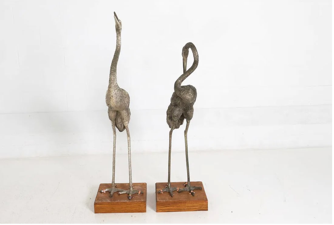 Monumental Pair of Silvered Crane Sculptures on Wooden Plinth Bases | 20th Century - 8