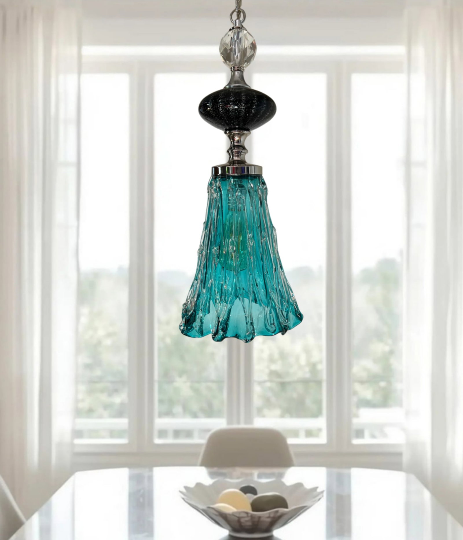 Art Glass Aqua Black Pendant Light - 2