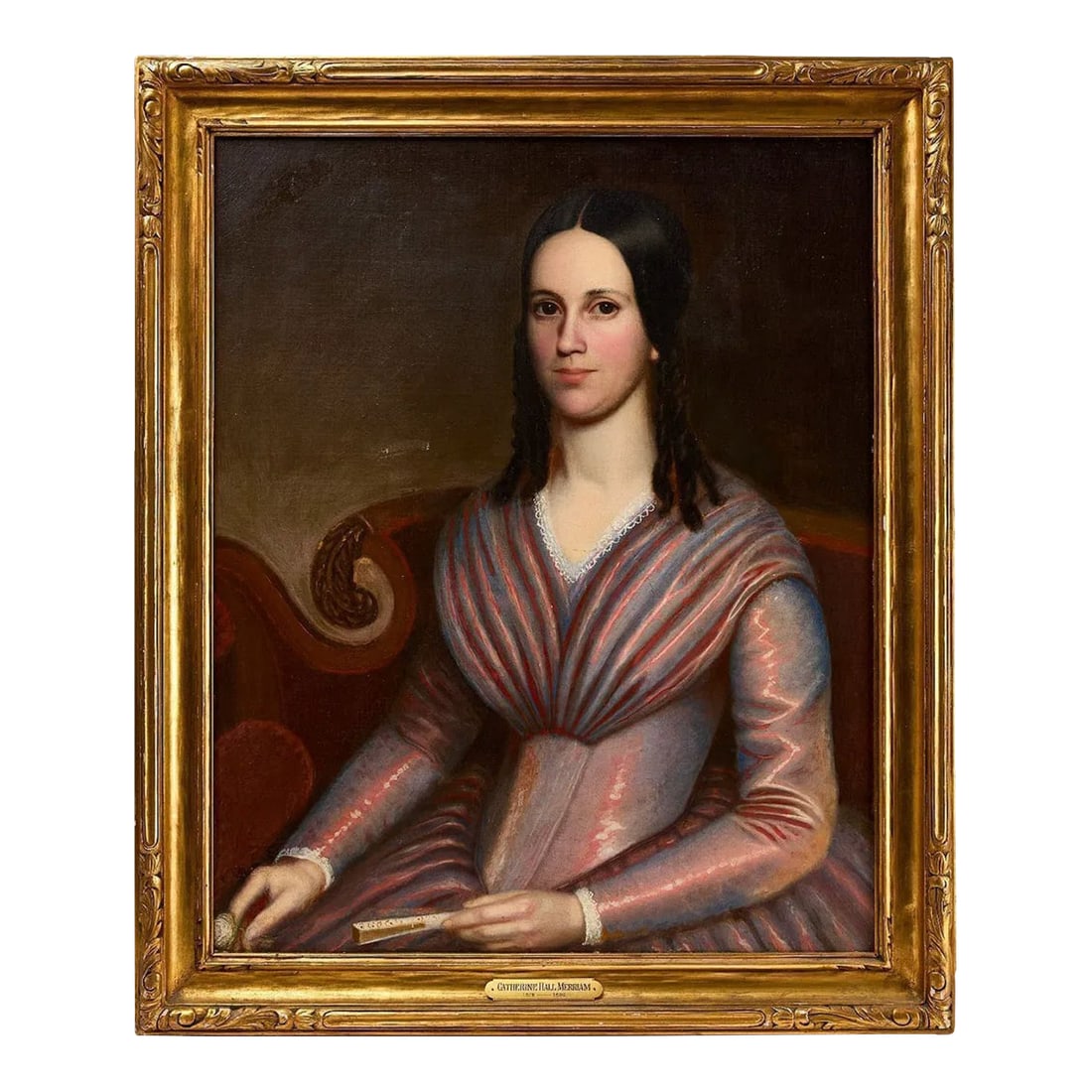 Portrait of Catherine Hall Merriam (1819–1890) | American School Oil on Canvas, Mid-19th: A compelling and historically significant mid-19th century American portrait depicting Catherine Hall Merriam (1819–1890), presented in its period frame and retaining documentary evidence of