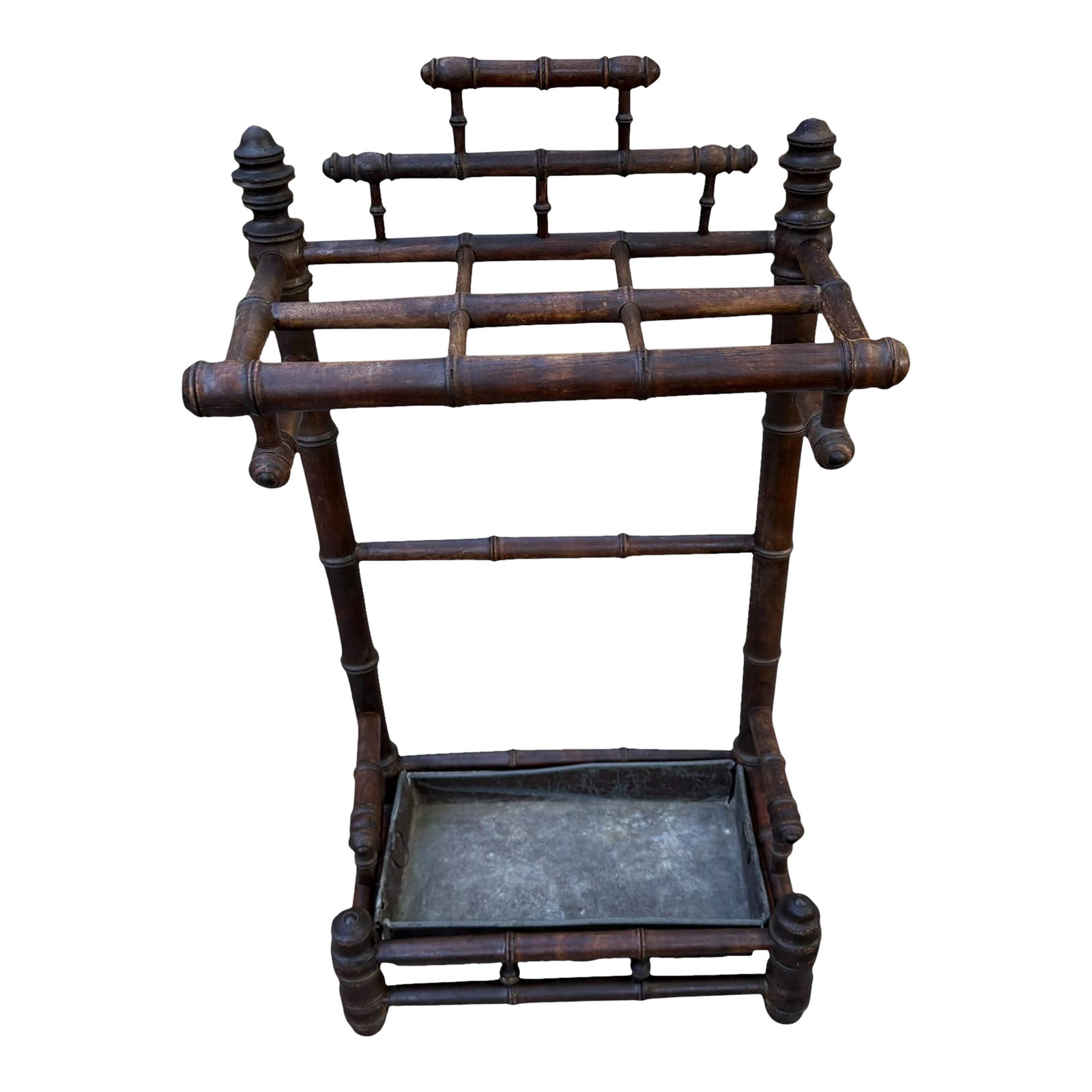 Late 19th-Century French Faux Bamboo Umbrella Stand With Original Zinc Liner: An elegant late 19th-century French faux-bamboo umbrella stand (porte-parapluie), capturing the height of the Victorian Chinoiserie and Aesthetic Movement craze. Beautifully handcrafted from native