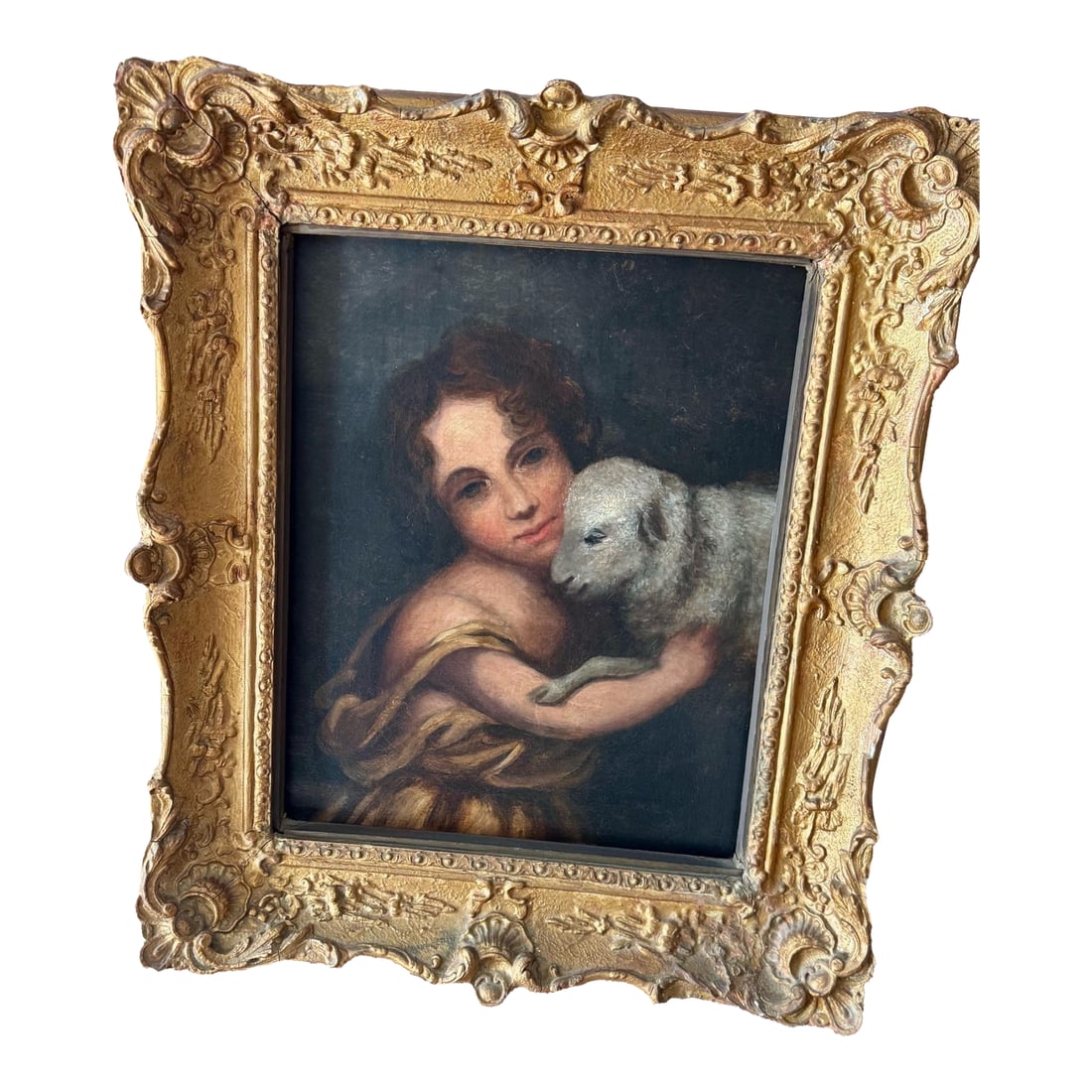 Oil on Canvas "After Murillo" 1847 Infant St. John With a Lamb: Beautiful 19th century rendition of the original 1660-1665 Bartolomi Esteban Murillo "Lamb of God" Artist signed the back and dedicated it to his parents in Beth, England. Ornately carved gilt frame.