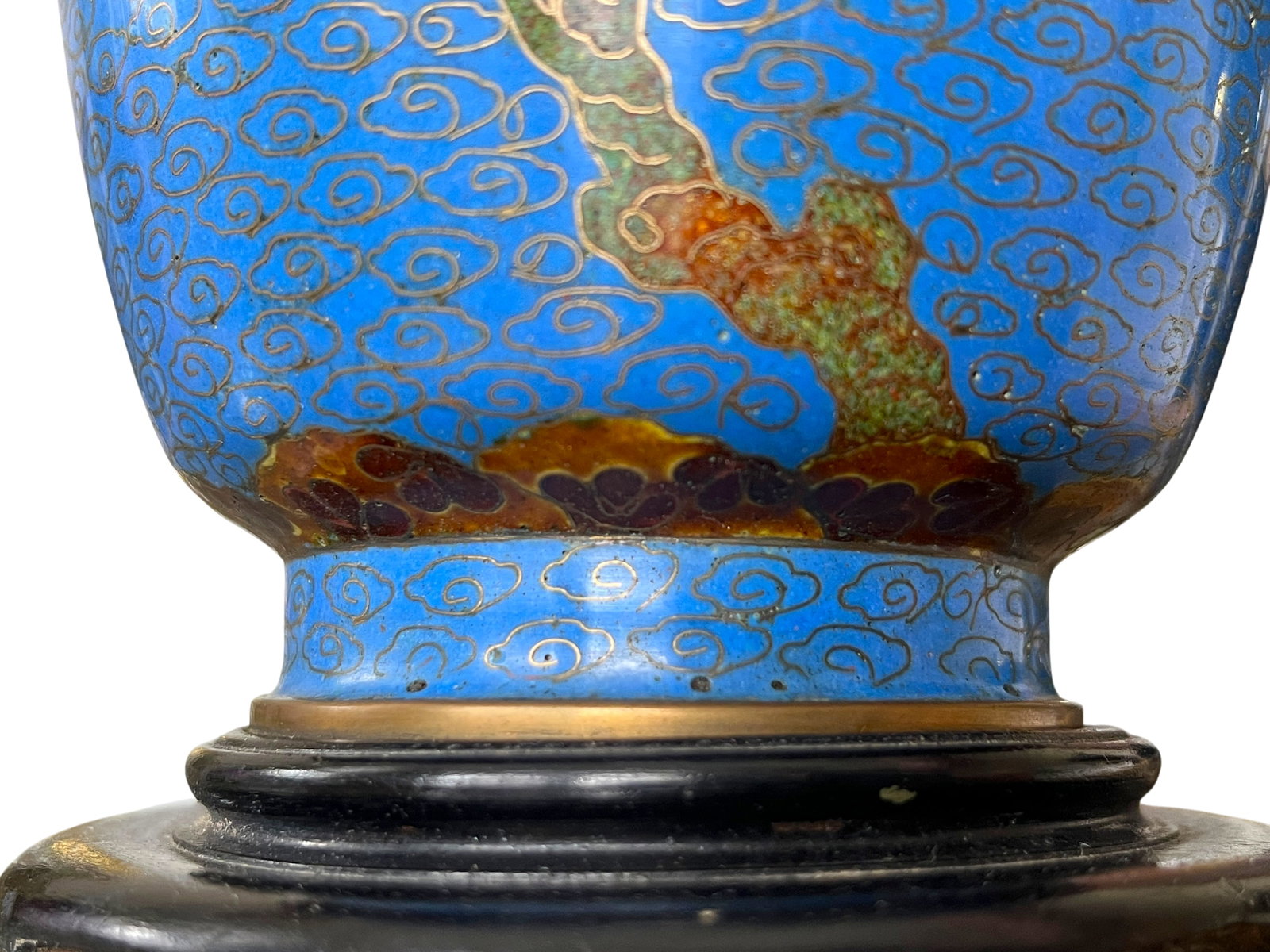 Antique 19th Century Chinese Cloisonné Vase Lamp With Cherry Blossoms & Swallows on Cobalt Blue - 10