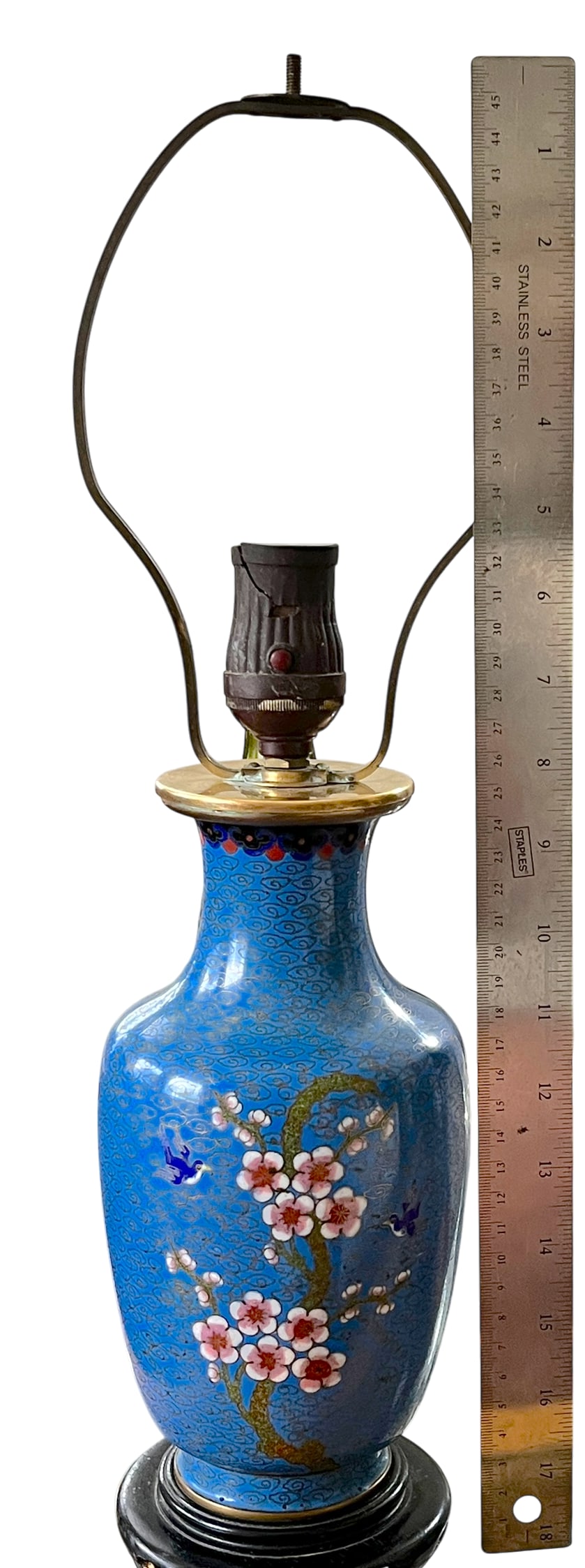 Antique 19th Century Chinese Cloisonné Vase Lamp With Cherry Blossoms & Swallows on Cobalt Blue - 12