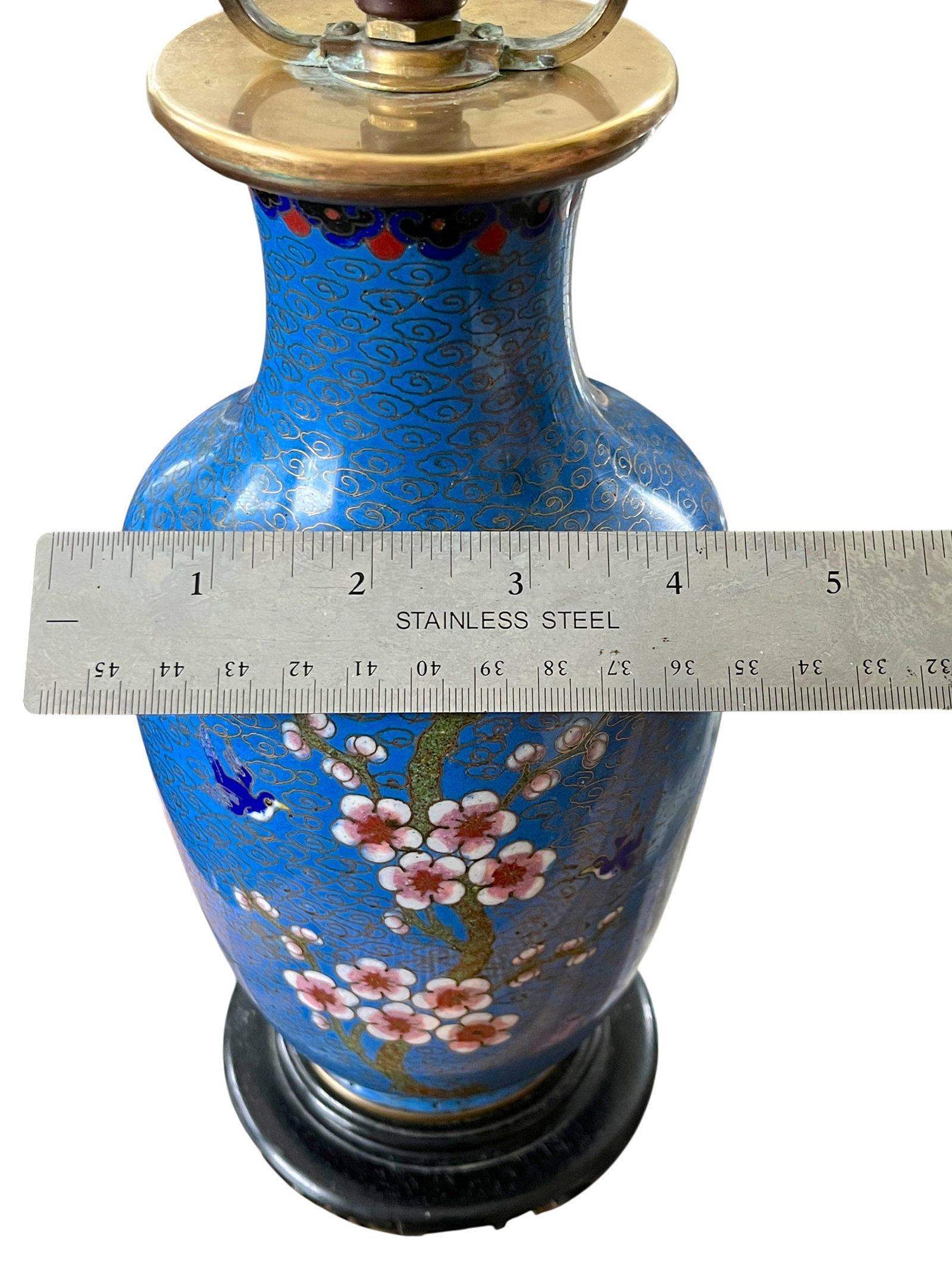 Antique 19th Century Chinese Cloisonné Vase Lamp With Cherry Blossoms & Swallows on Cobalt Blue - 13