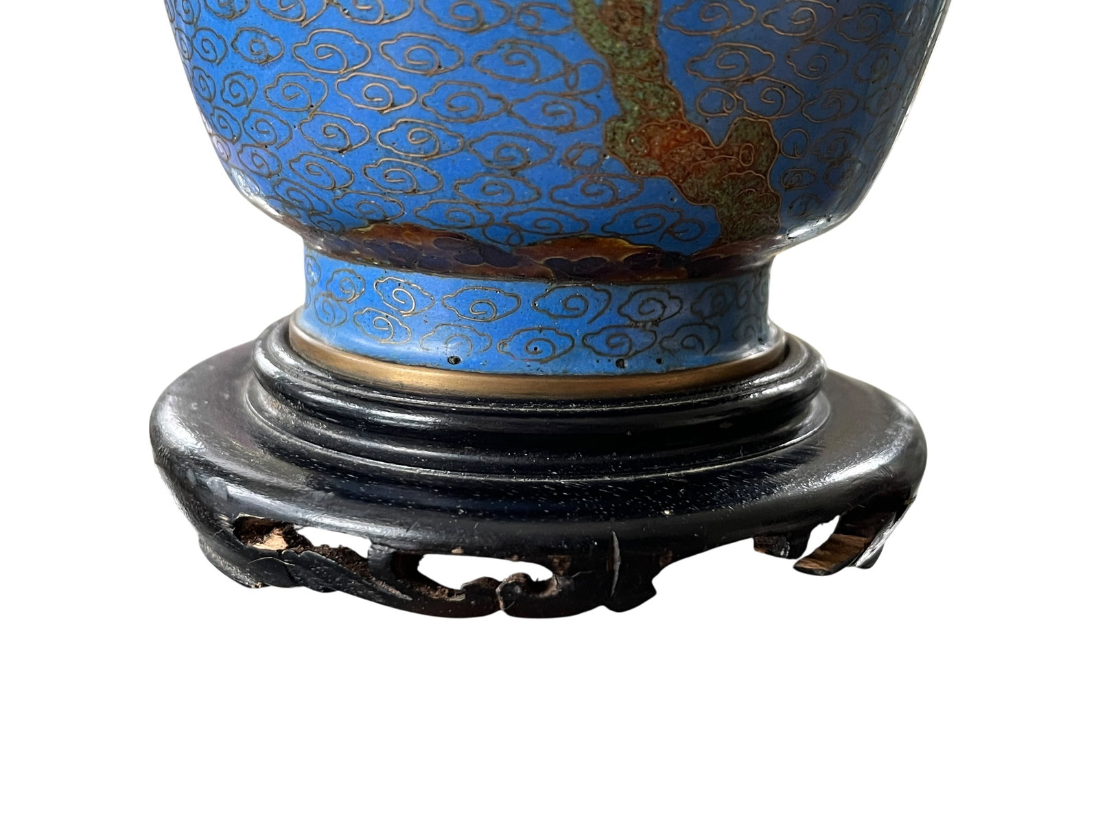 Antique 19th Century Chinese Cloisonné Vase Lamp With Cherry Blossoms & Swallows on Cobalt Blue - 14