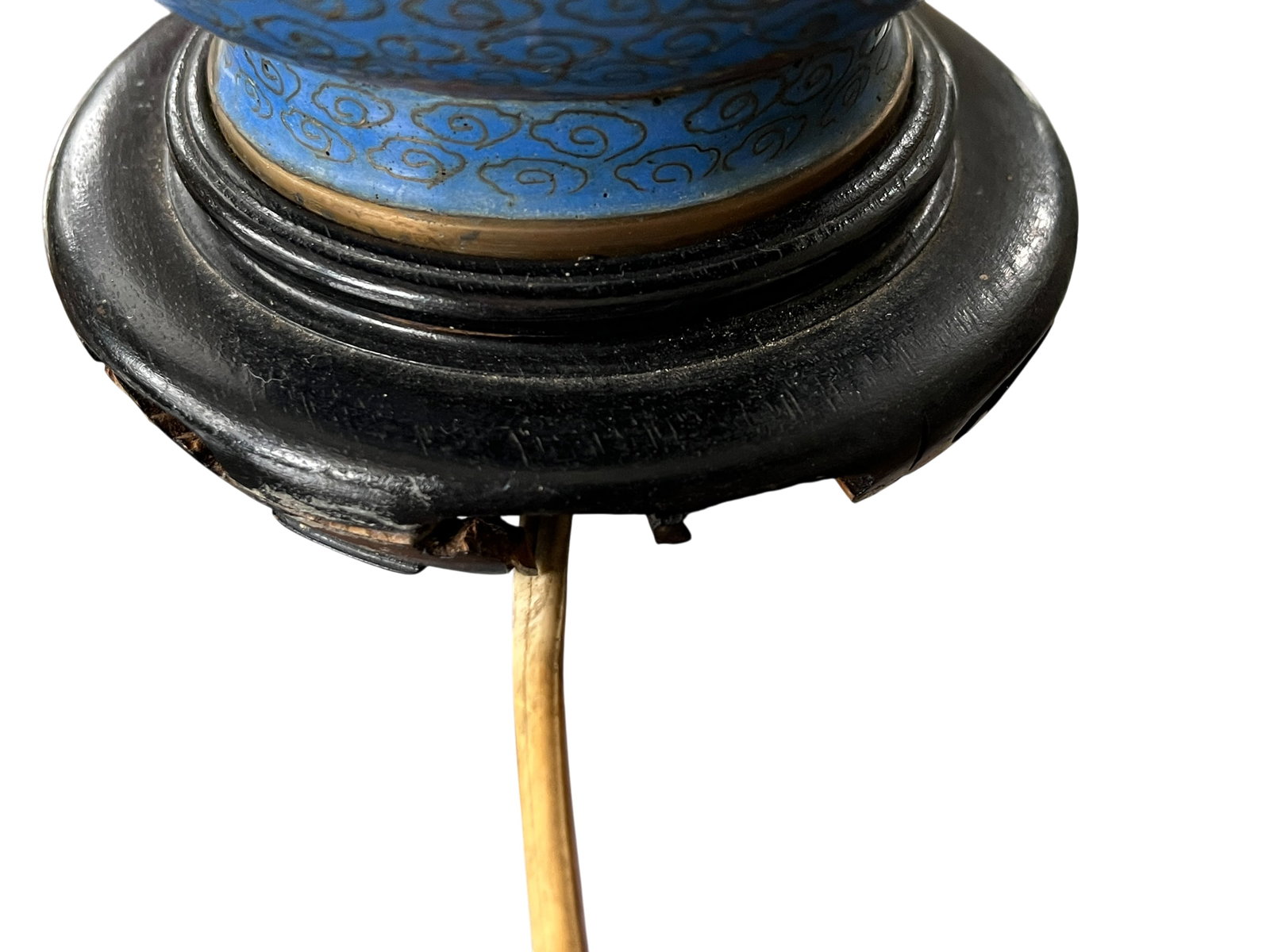 Antique 19th Century Chinese Cloisonné Vase Lamp With Cherry Blossoms & Swallows on Cobalt Blue - 15