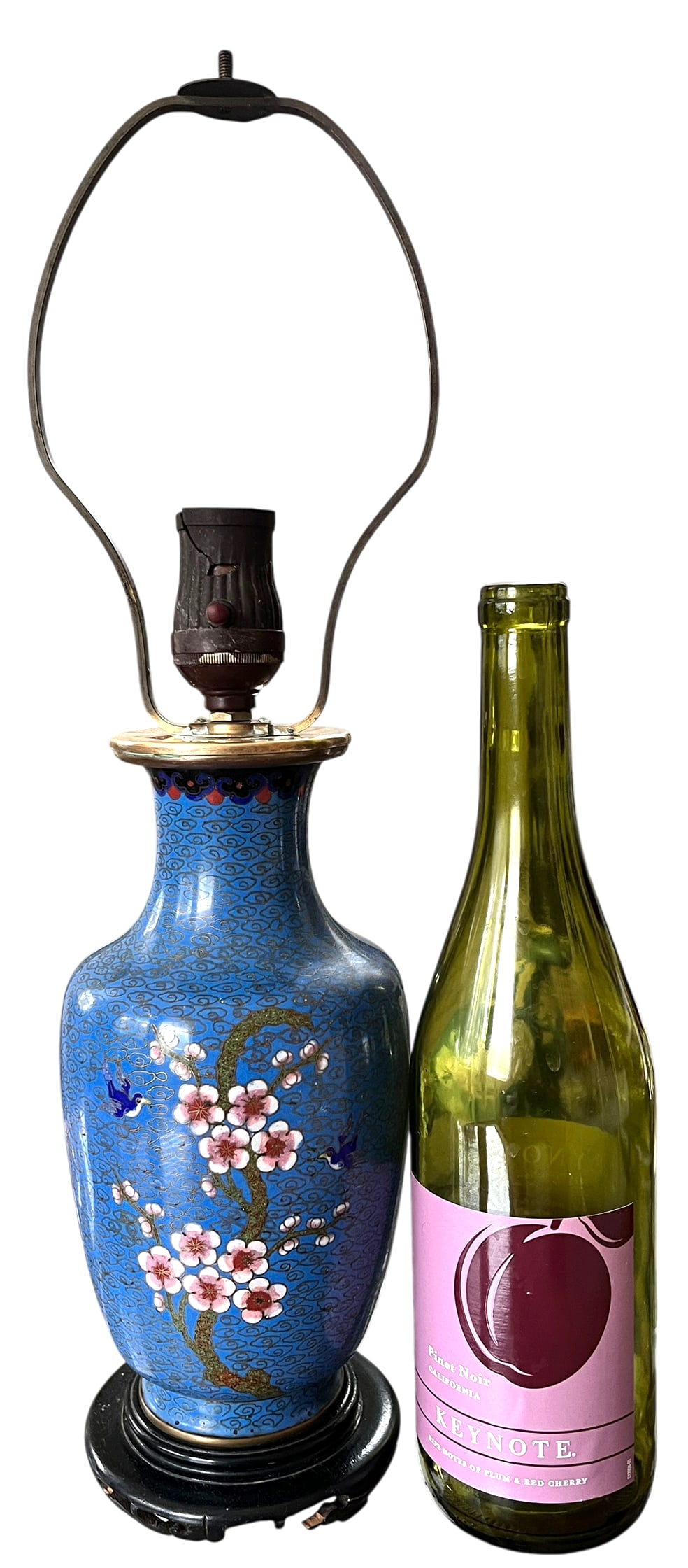 Antique 19th Century Chinese Cloisonné Vase Lamp With Cherry Blossoms & Swallows on Cobalt Blue - 2