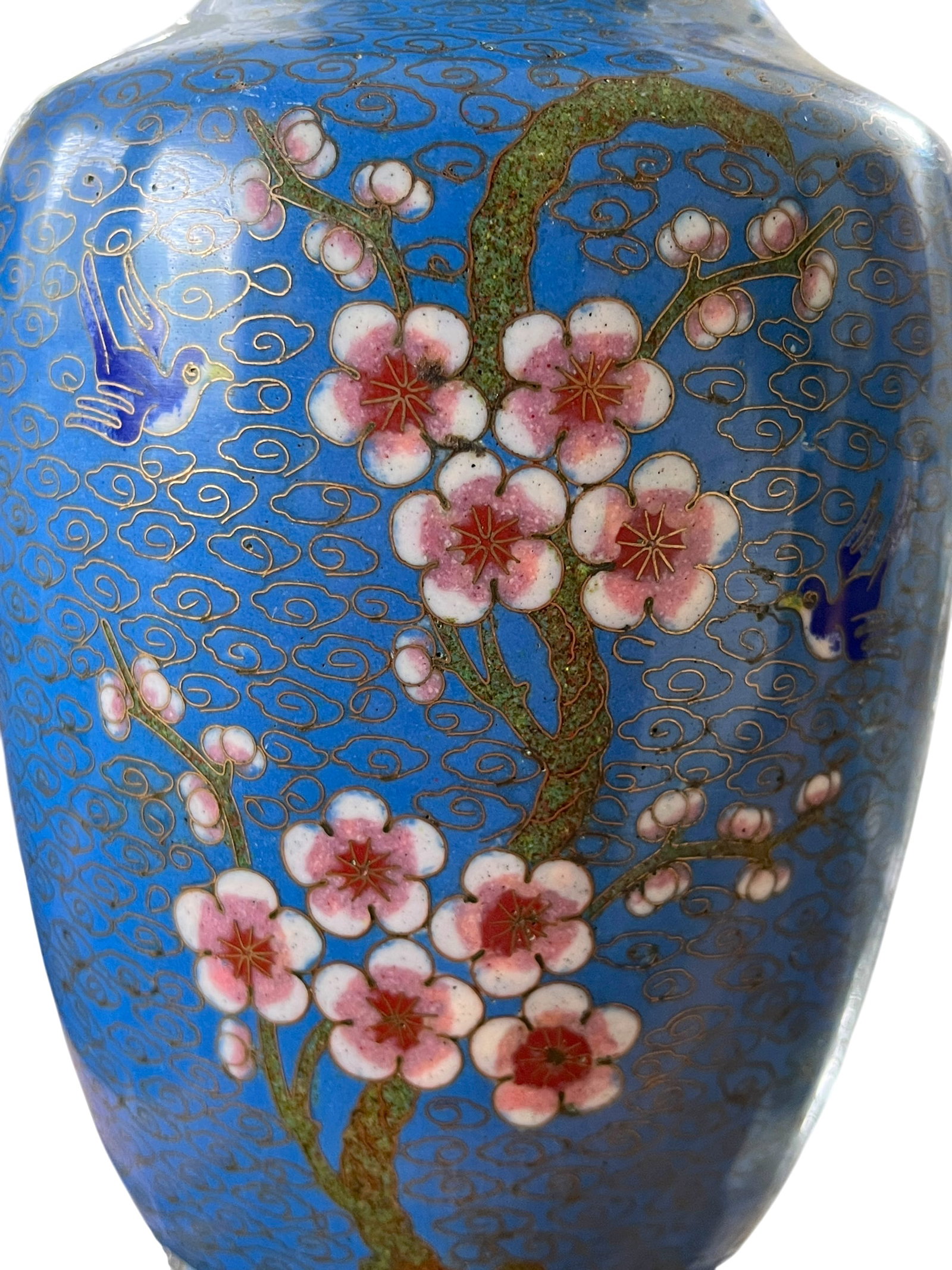 Antique 19th Century Chinese Cloisonné Vase Lamp With Cherry Blossoms & Swallows on Cobalt Blue - 3