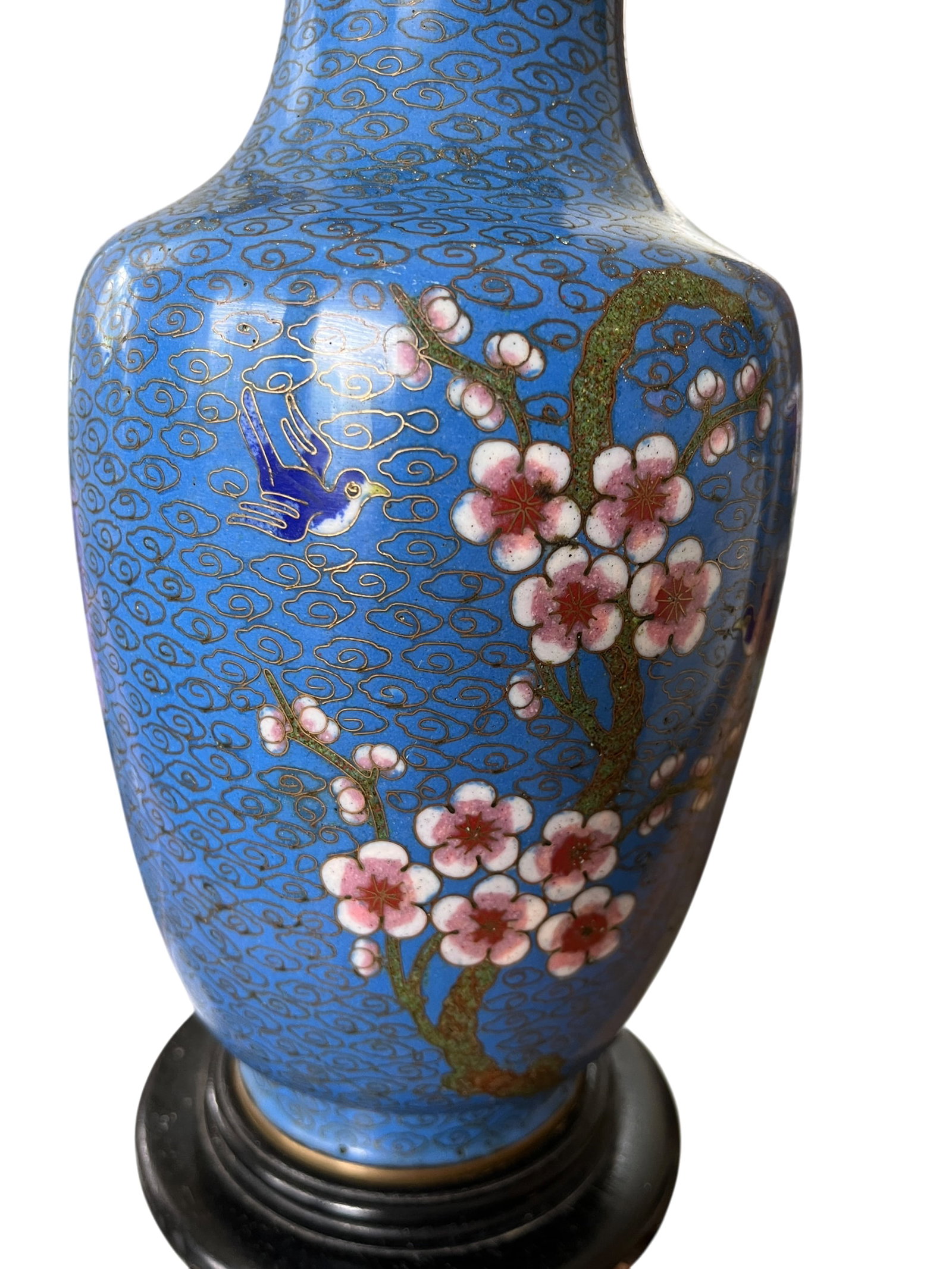 Antique 19th Century Chinese Cloisonné Vase Lamp With Cherry Blossoms & Swallows on Cobalt Blue - 4