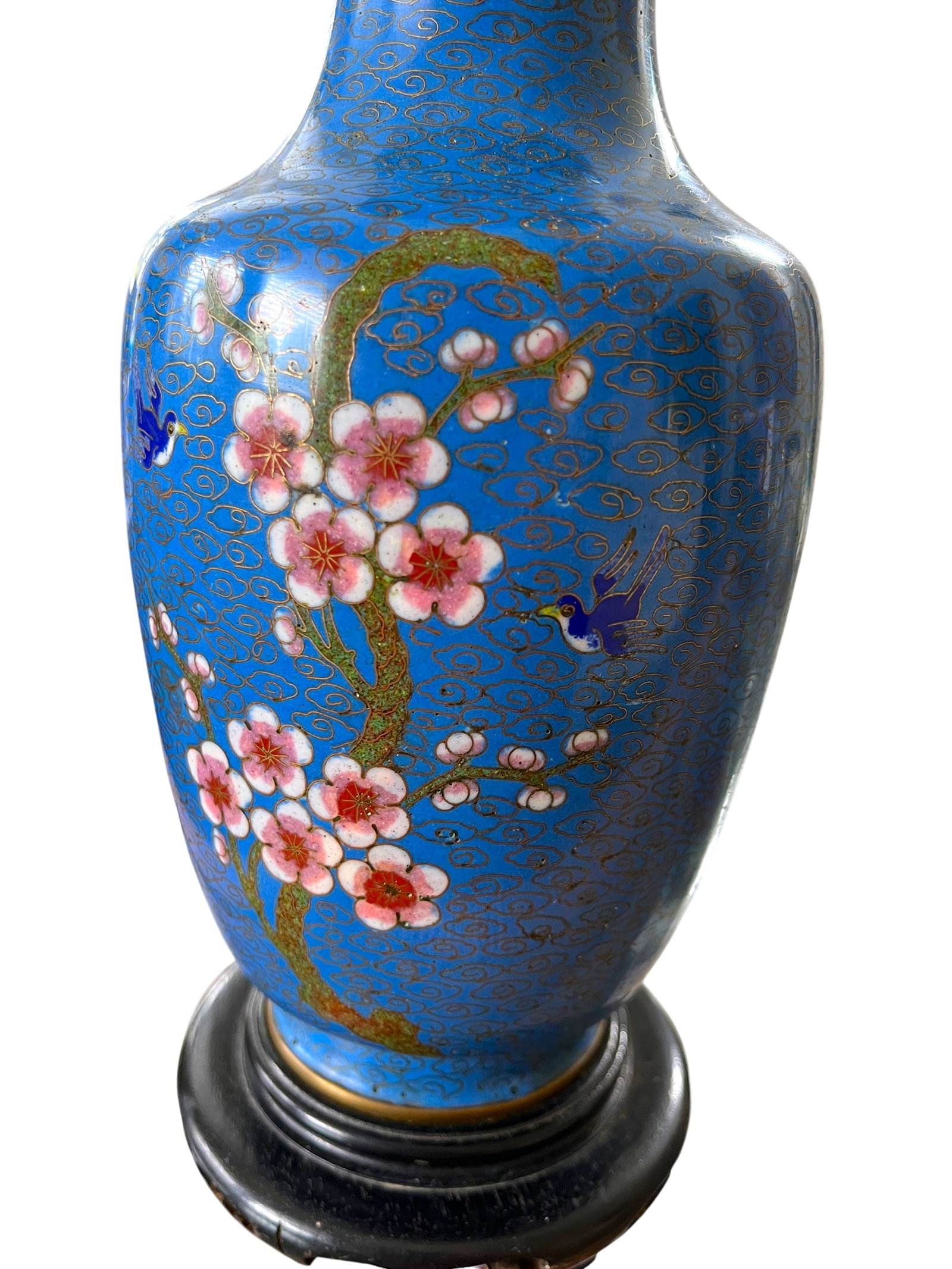 Antique 19th Century Chinese Cloisonné Vase Lamp With Cherry Blossoms & Swallows on Cobalt Blue - 5
