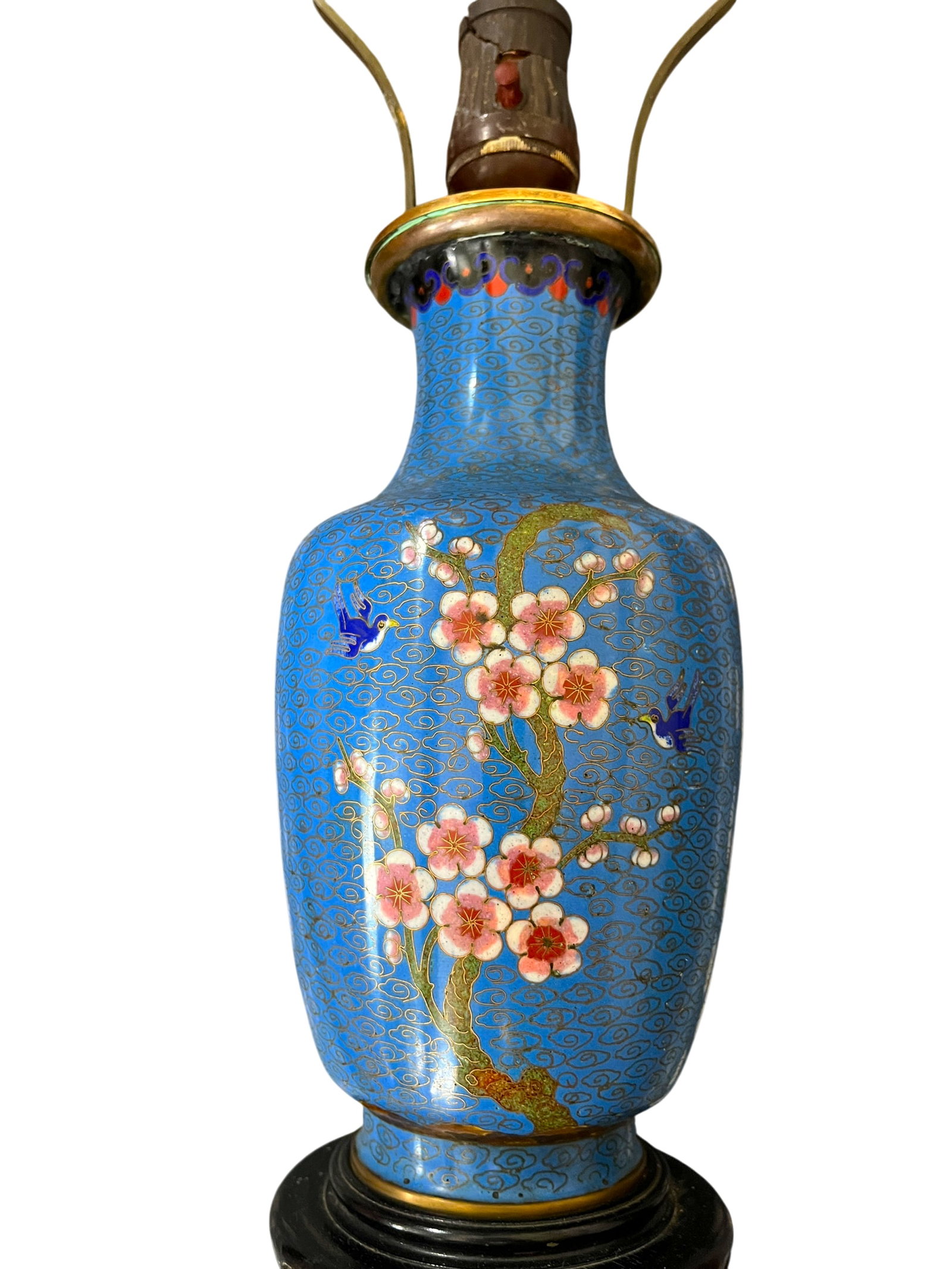 Antique 19th Century Chinese Cloisonné Vase Lamp With Cherry Blossoms & Swallows on Cobalt Blue - 6