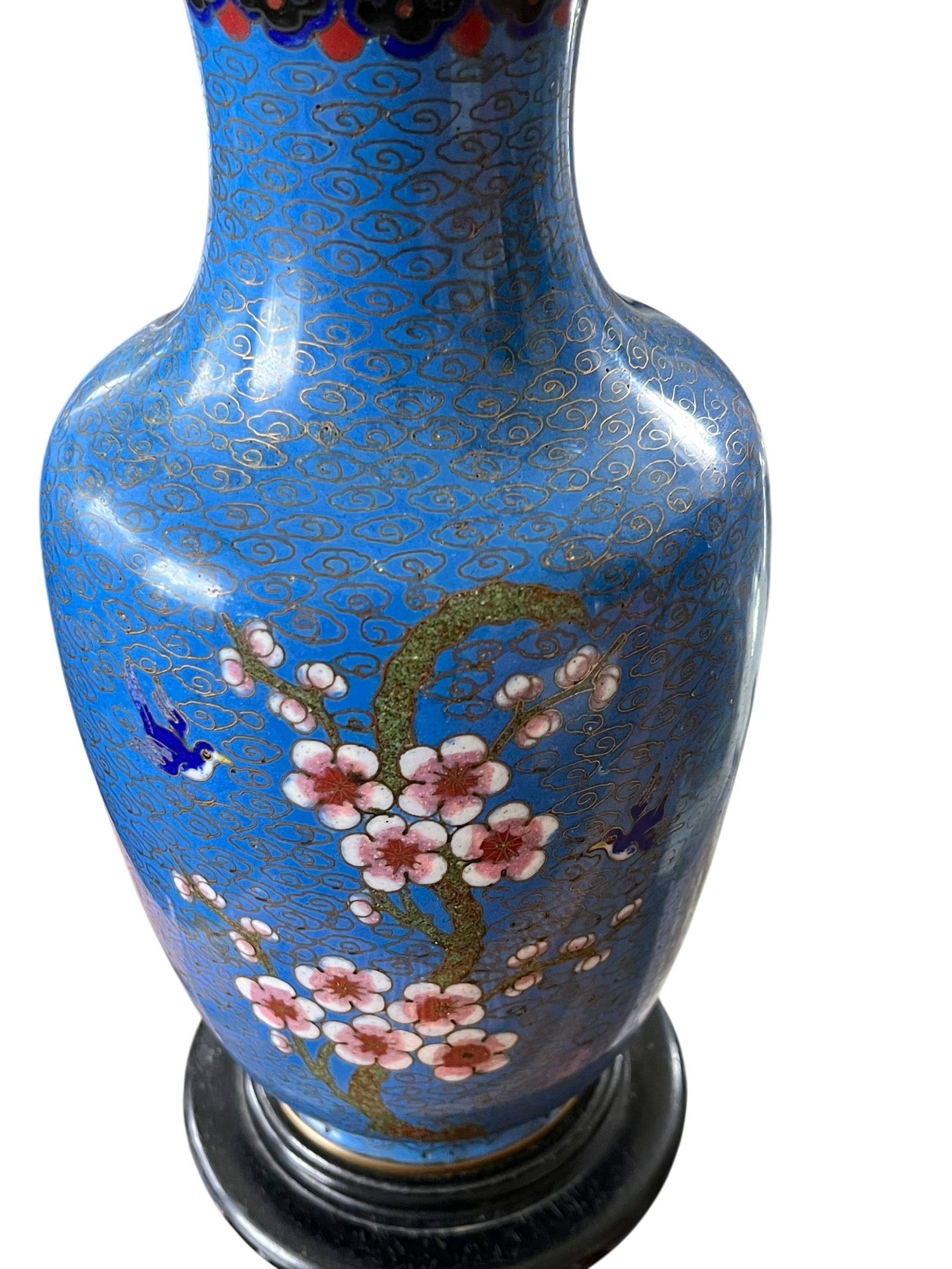 Antique 19th Century Chinese Cloisonné Vase Lamp With Cherry Blossoms & Swallows on Cobalt Blue - 7