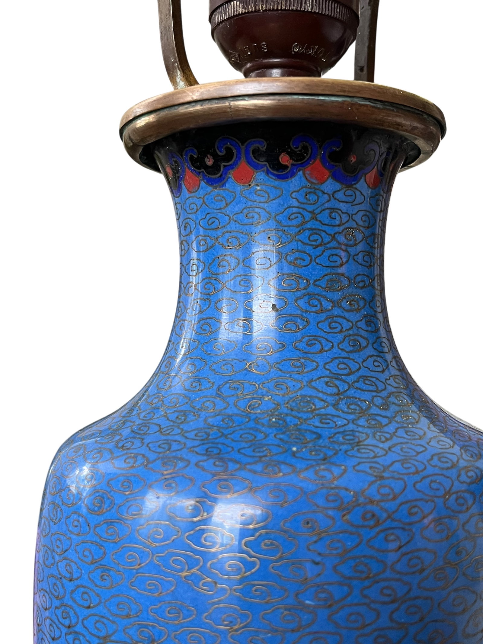 Antique 19th Century Chinese Cloisonné Vase Lamp With Cherry Blossoms & Swallows on Cobalt Blue - 9