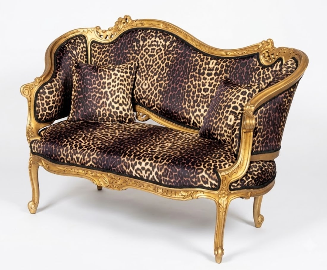 Vintage Leopard Print Gold Leaf Settee Sofa Loveseat - 2
