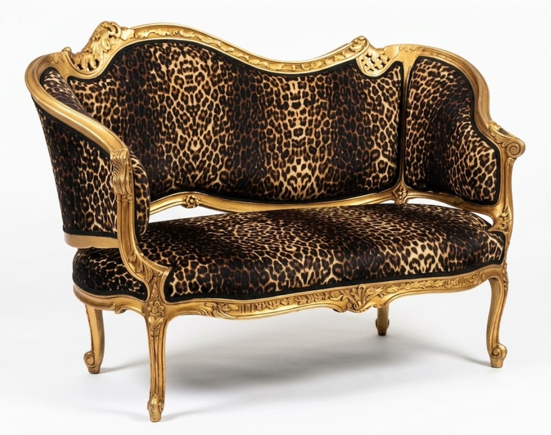 Vintage Leopard Print Gold Leaf Settee Sofa Loveseat - 3