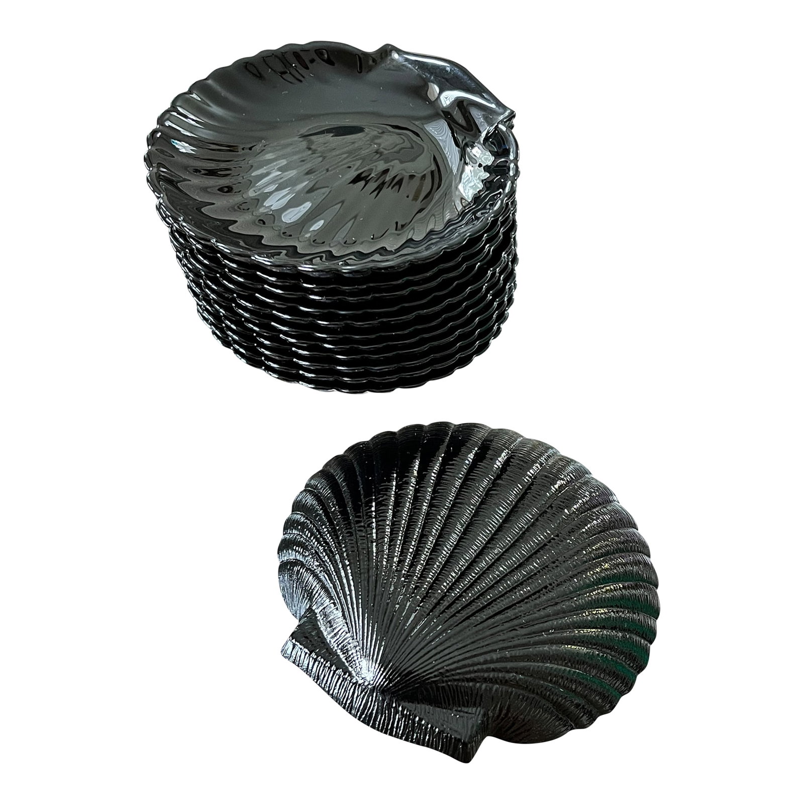 Set of 12 Vintage Arcoroc France "Coquillage" Black Glass Shell Dishes, Circa 1960s: Bring a touch of French Riviera glamour to your table with this set of twelve vintage Arcoroc France Coquillage dishes from the 1960s. Crafted in smoky black glass and molded in the form of a scallop