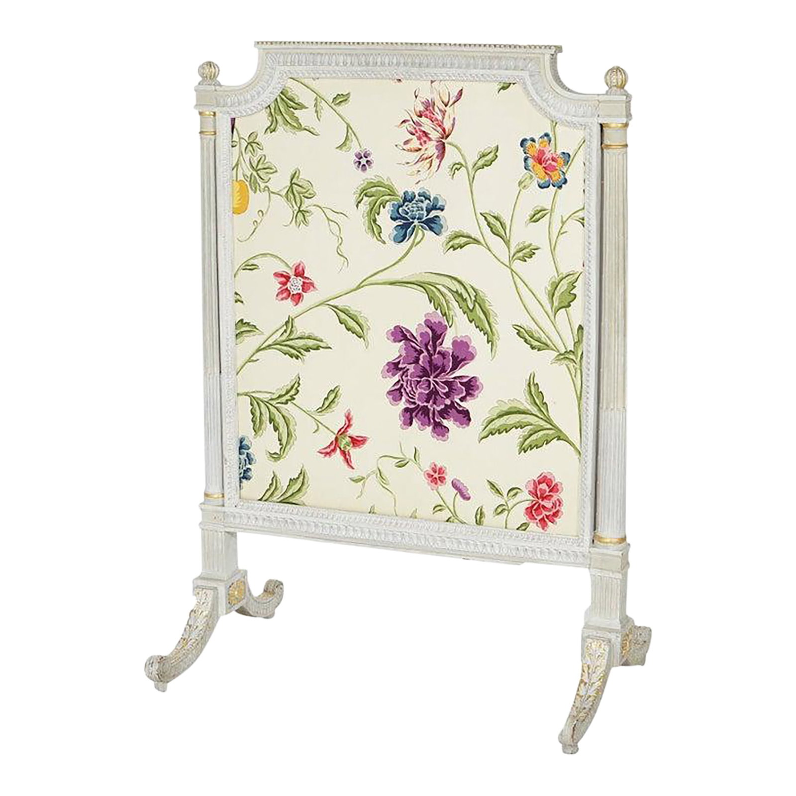 French Louis XVI Style White & Gilt Fire Screen With Floral Fabric, 20th C (1 of 16)