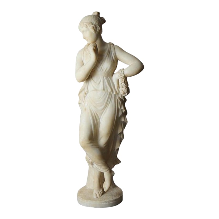 Classical Alabaster Sculpture of a Woman by P. Bazzanti, Florence 19thC: This alabaster sculpture by P. Bazzanti depicts a classical woman in a graceful pose. The sculpture showcases fine detailing in the drapery and delicate features, characteristic of Bazzanti's work,