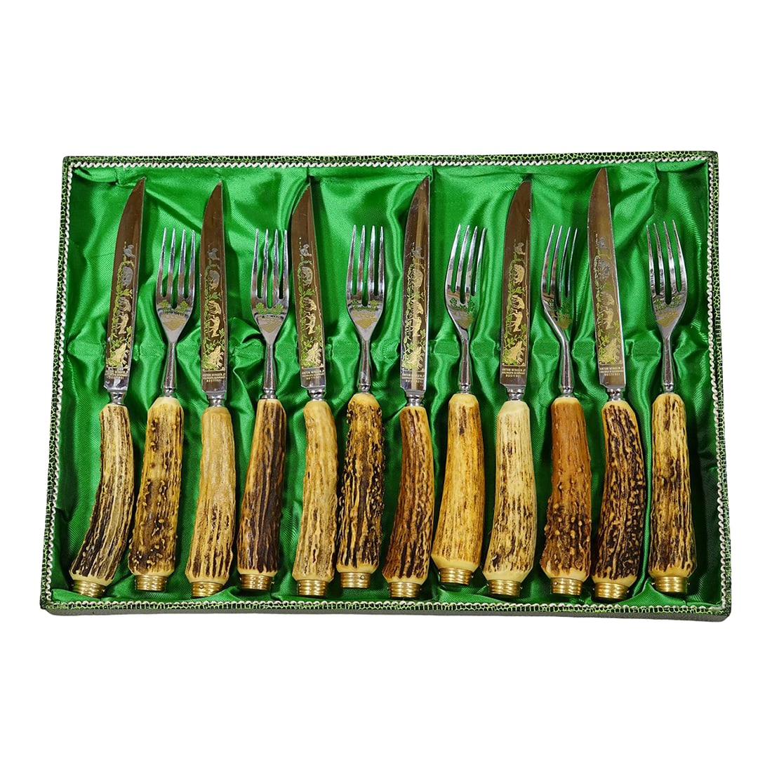 Vintage Stainless Steel and Horn Cutlery Set 'Othello' by Anton Wingen, 1950s: Vintage Stainless Steel and Horn Cutlery Set 'Othello' by Anton Wingen, 1950s Item e8194 12-piece hunting cutlery set (6 knives, 6 forks) made in Solingen, typical of the 'Othello' line by Anton Winge