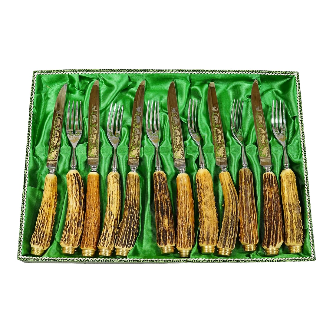 Vintage Stainless Steel and Horn Cutlery Set 'Othello' by Anton Wingen, 1950s: Vintage Stainless Steel and Horn Cutlery Set 'Othello' by Anton Wingen, 1950s Item e8195 12-piece hunting cutlery set (6 knives, 6 forks) made in Solingen, typical of the 'Othello' line by Anton
