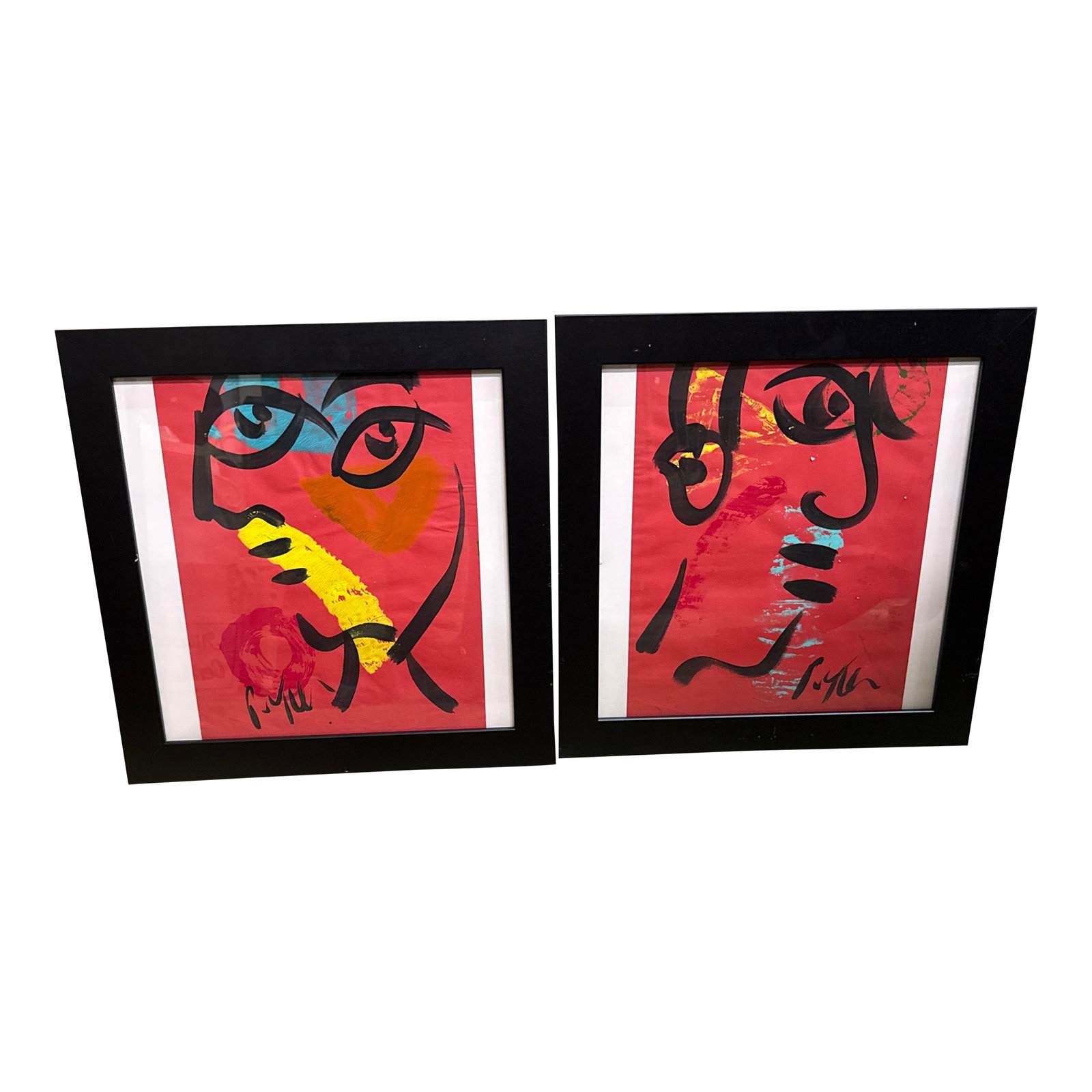 1970s Peter Keil Cubist Red Portrait Paintings a Pair: Fantastic pair of colorful abstract paintings by Peter Keil. Each are painted on paper and depict colorful red cubist portraits. Coa on back guaranteed authentic direct from artist Condition: Alterati