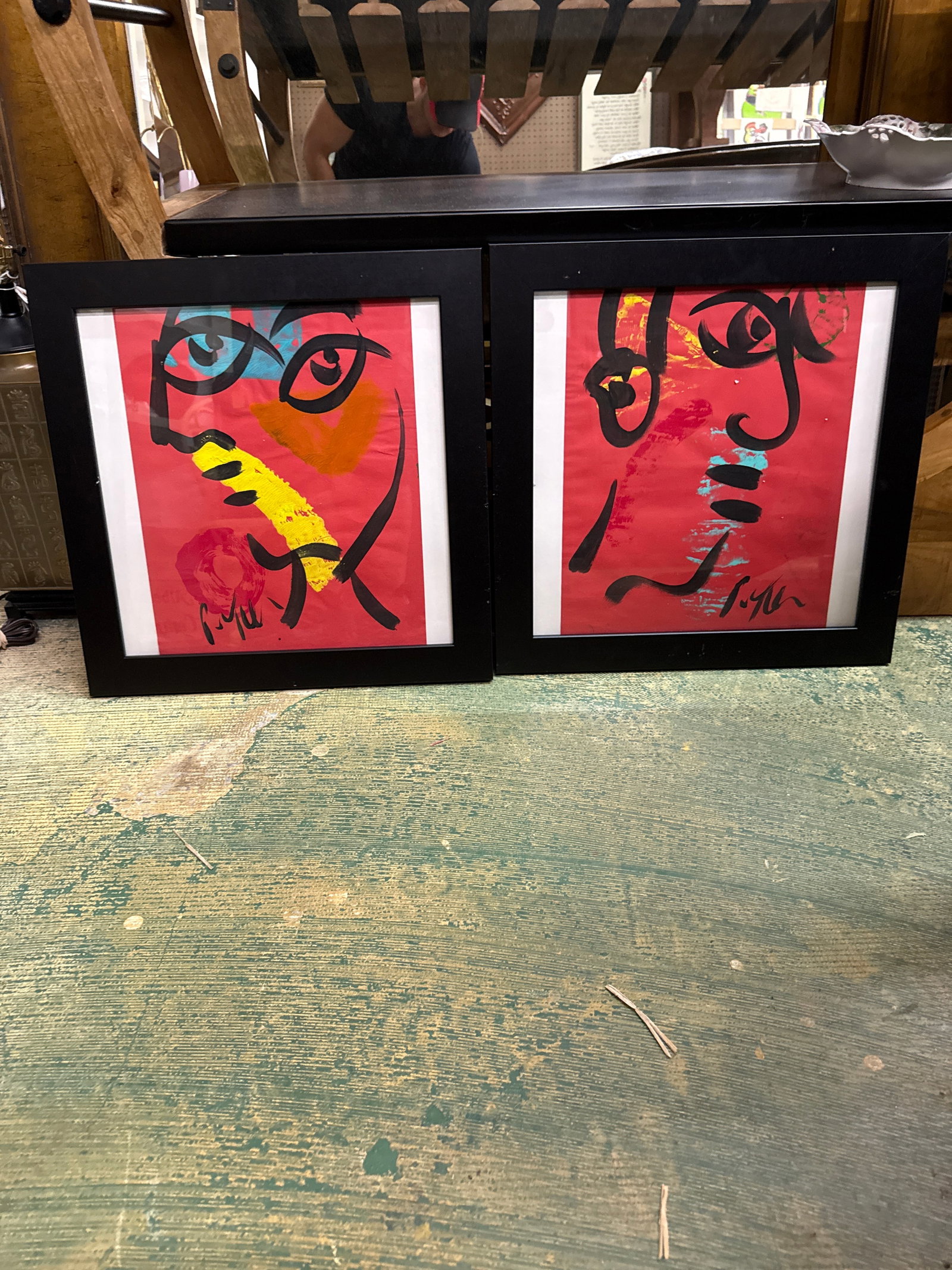 1970s Peter Keil Cubist Red Portrait Paintings a Pair - 2