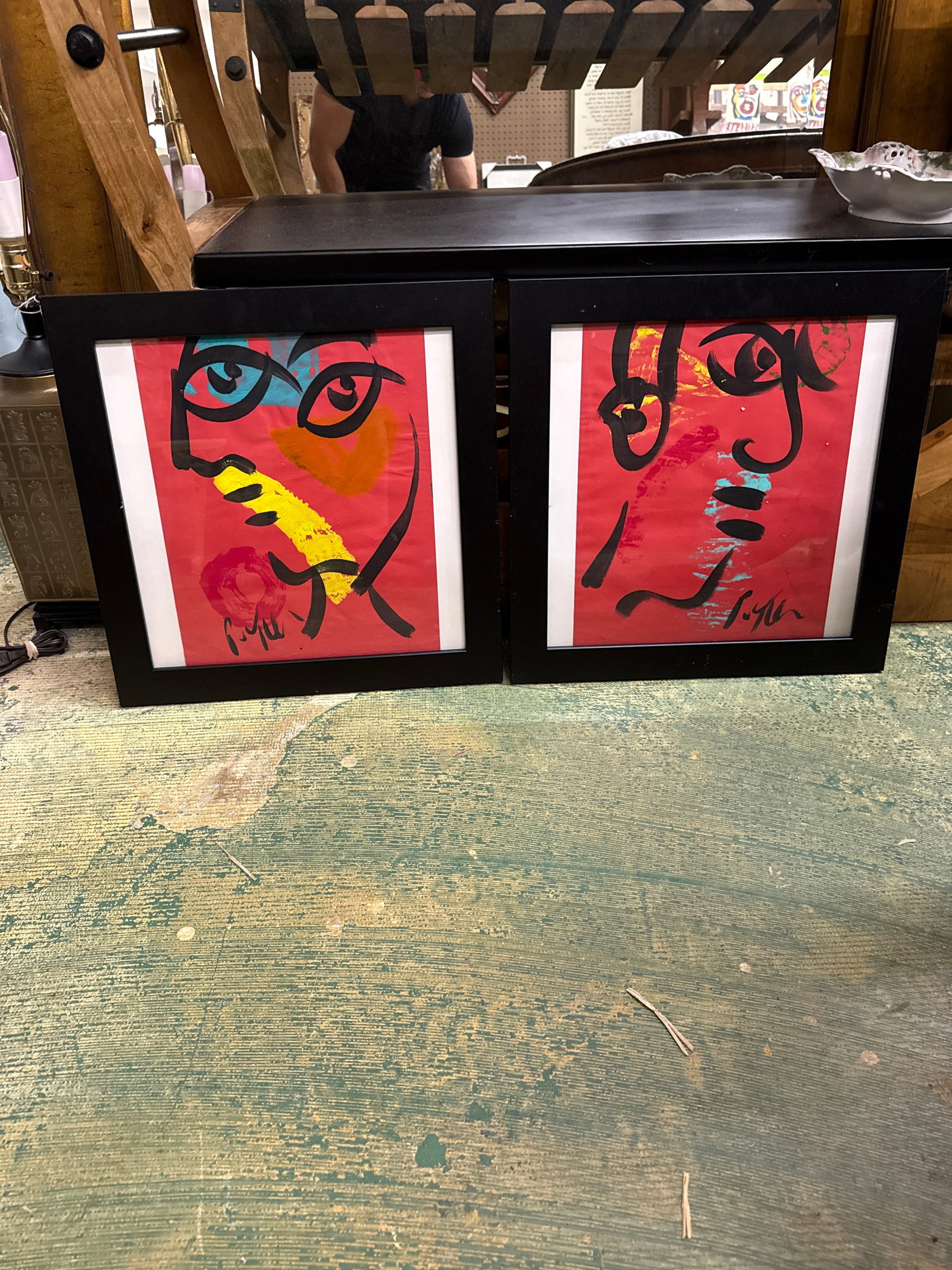 1970s Peter Keil Cubist Red Portrait Paintings a Pair - 3