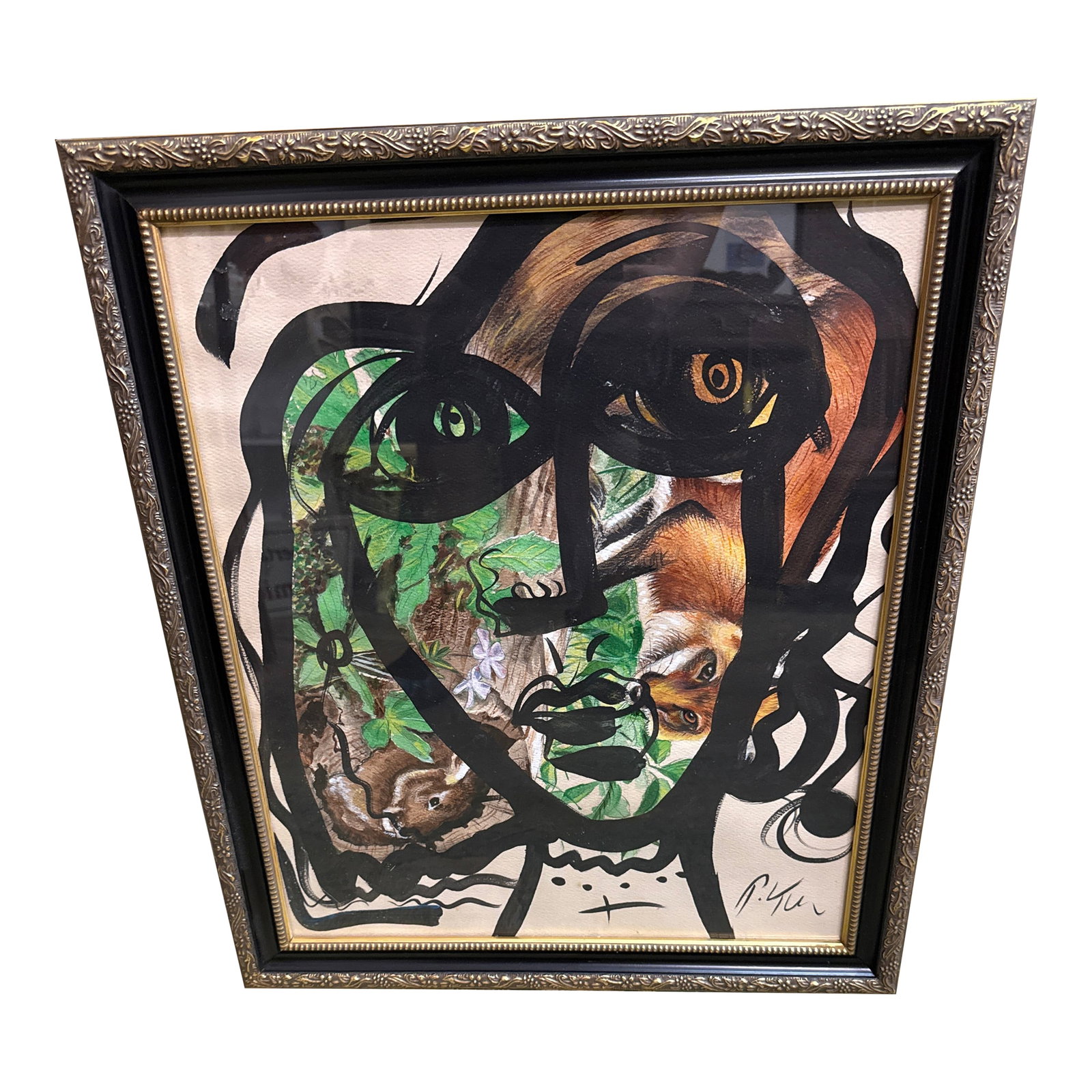 1970s Peter Keil Original Abstract Cougar Painting: Fantastic original colorful abstract painting by Peter Keil. painted on paper and depicts a colorful abstract portrait with cougar on background . Coa on back guaranteed authentic direct from artist C