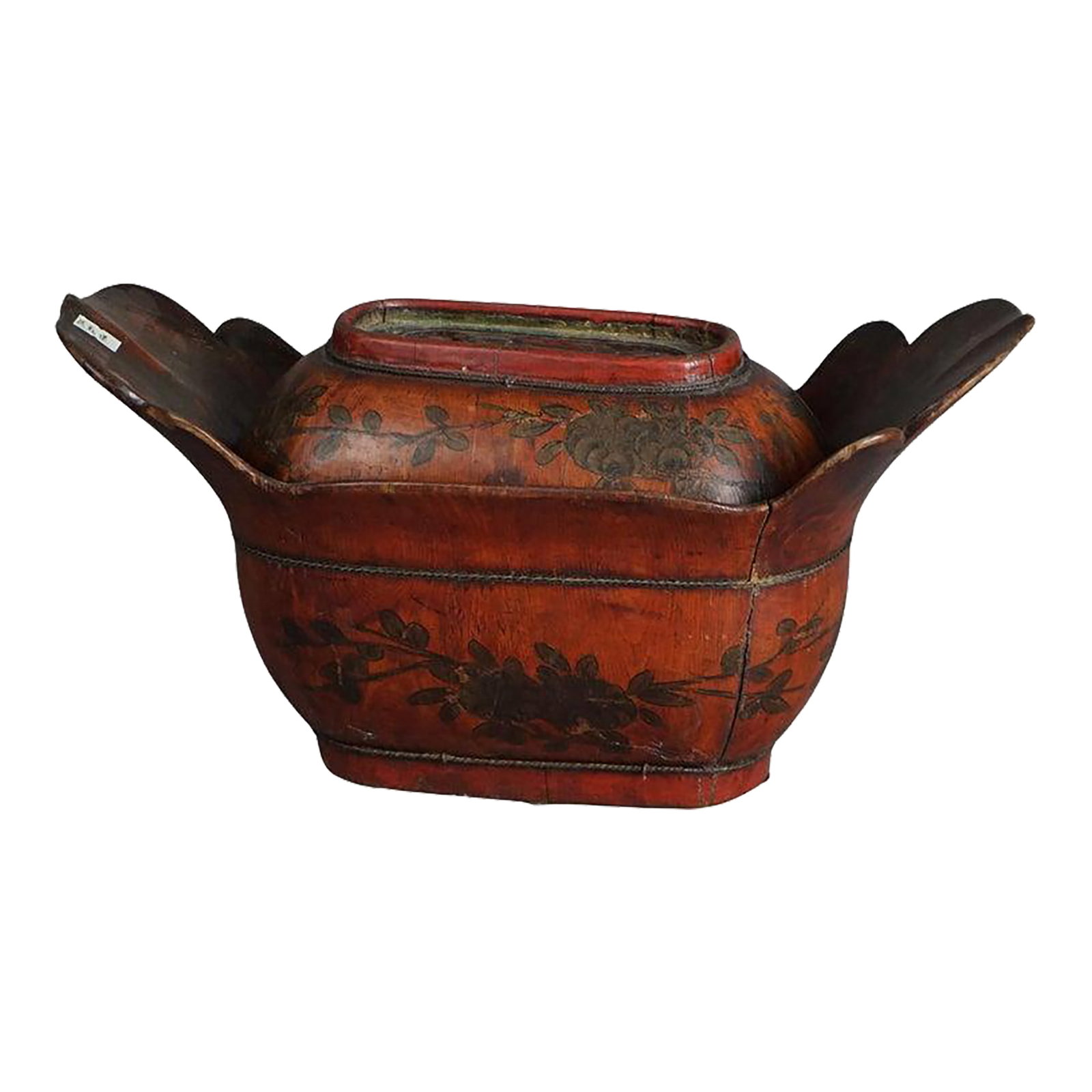 Antique Chinese Figural & Polychromed Wooden Basket Circa 1920: An antique Chinese lidded basket offers wood polychromed wood construction with foliate decoration and figure of a man carved into the lid, c1920 Measures - 8"h x 16"w x 8"d A finely crafted Chinese p