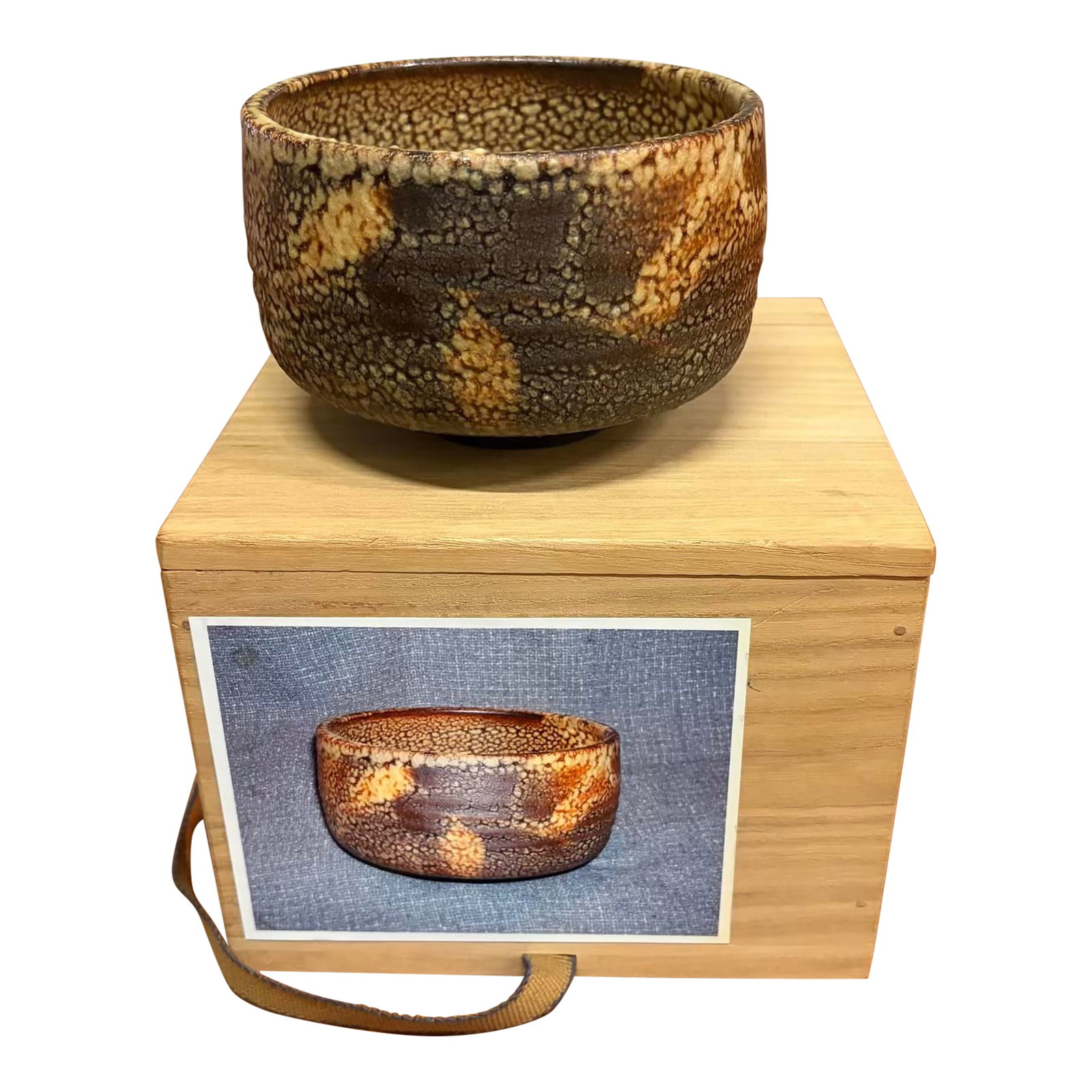 Japanese Studio Pottery Chawan Matcha Tea Bowl in Original Tomobako Box: Vintage Japanese studio pottery tea bowl, likely intended for matcha or contemplative tea service, featuring a dramatic cratered glaze in earthy bronze, caramel, and charcoal tones. The richly