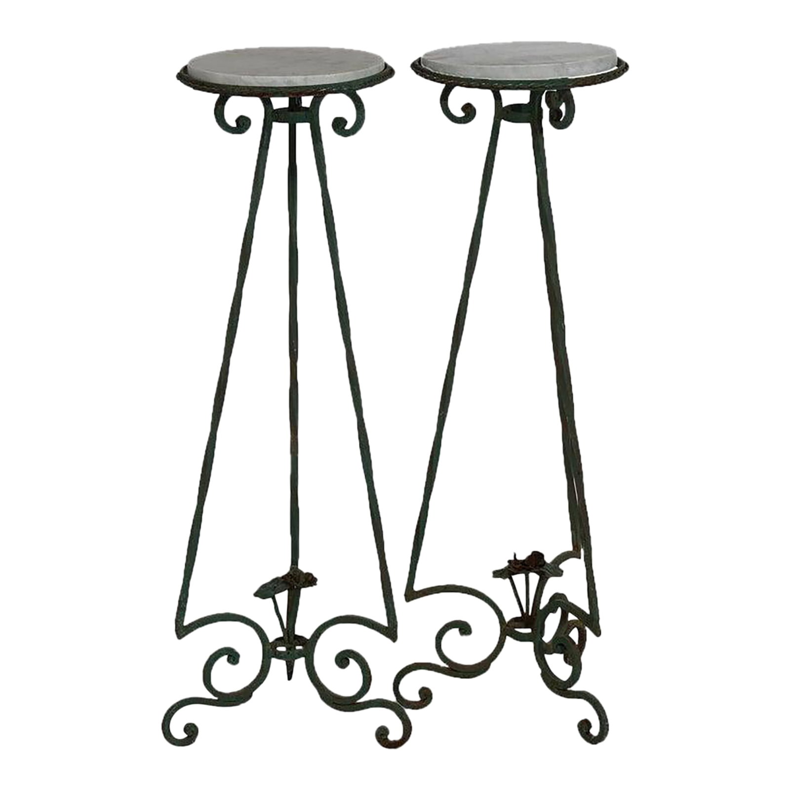 Antique Arts & Crafts Oscar Bach Style Wrought Iron & Marble Plant Stands C1920: An antique pair of plant stands in the manner of Oscar Bach offer circular marble displays over wrought iron base having three stylized scroll form legs, c1920 Measures- 41.25''H x 15.5''W x 15.5''D C