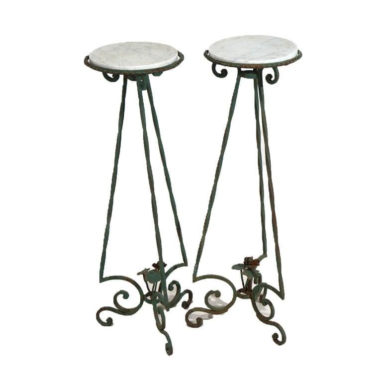 Antique Arts & Crafts Oscar Bach Style Wrought Iron & Marble Plant Stands C1920 - 2