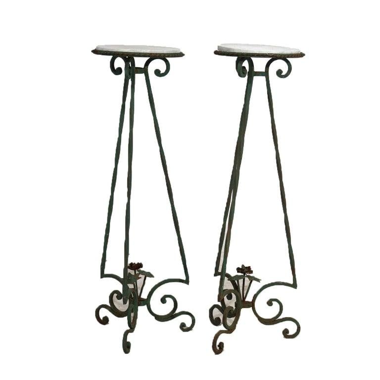 Antique Arts & Crafts Oscar Bach Style Wrought Iron & Marble Plant Stands C1920 - 3