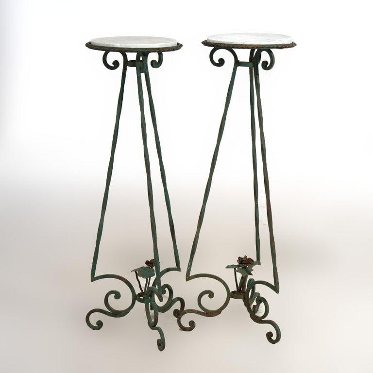 Antique Arts & Crafts Oscar Bach Style Wrought Iron & Marble Plant Stands C1920 - 4