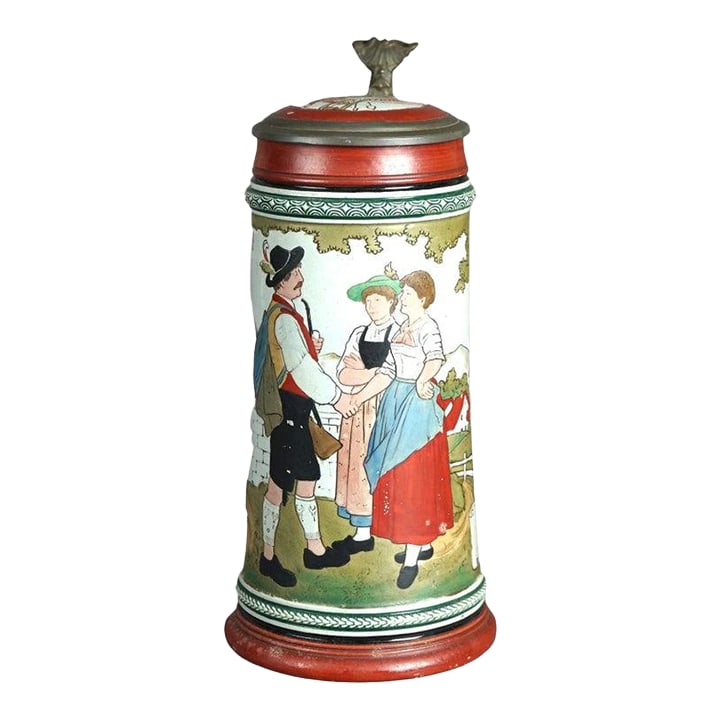 Antique Art & Crafts Scenic Musterschutz Germany Pottery Stein Circa 1900: An antique Art & Crafts scenic German Musterschutz stein offers pottery construction with landscape scene having figures, structures and inscribed "es lebe was hienieden stolzierl in gruner pracht" (L