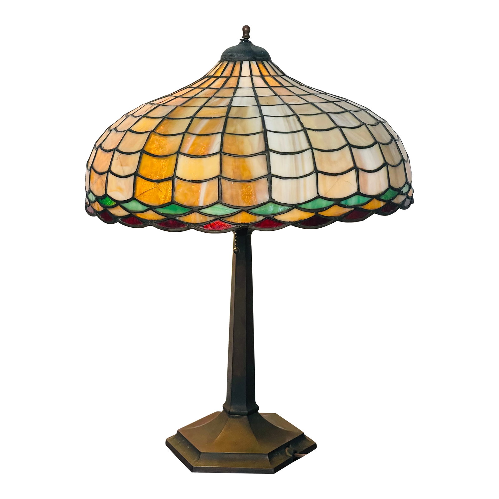 Reduced-Antique Tiffany Studios Style Bronze Glass Lamp Numbered: Elegant antique Tiffany Studios style table lamp. Bronze base for two bulbs, glass polychrome stained glass shade. Numbered 1888 on the bottom base. Condition: Alterations: Original Condition Unaltere
