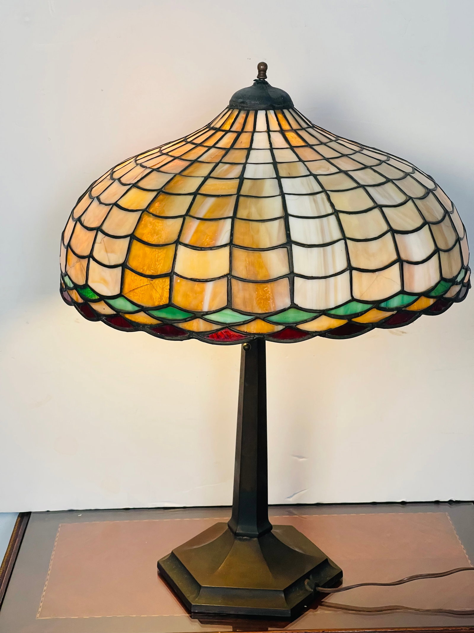 Reduced-Antique Tiffany Studios Style Bronze Glass Lamp Numbered - 2