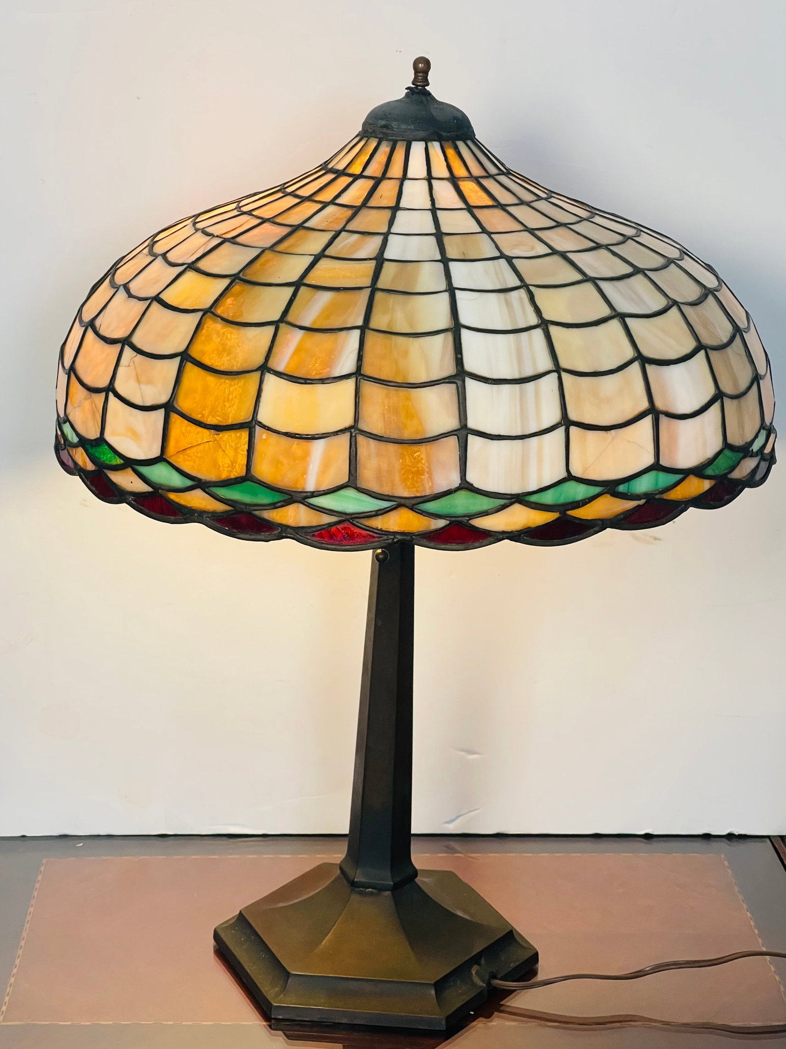 Reduced-Antique Tiffany Studios Style Bronze Glass Lamp Numbered - 3
